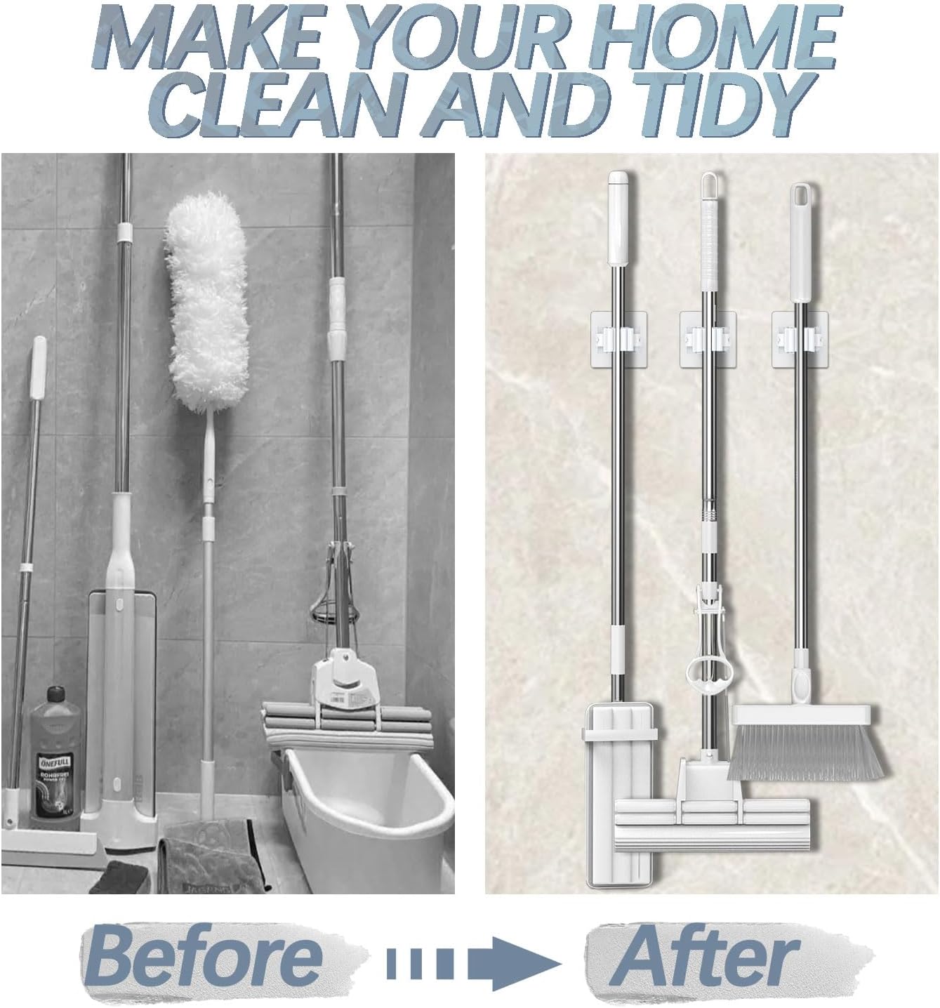 3-H 24-Pack Self Adhesive Broom Holder Wall Mount - Heavy Duty No Drill Broom Organizer for Garage Closet Kitchen, Plastic Storage Rack for Brooms Mops Tools, Peel and Stick Adhesive, White