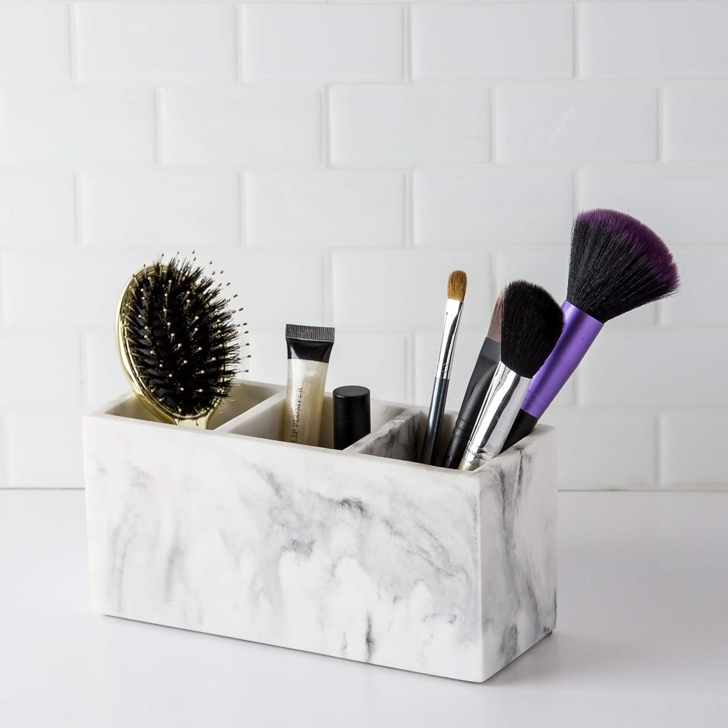 BINO Multi Purpose 3 Compartment Organizer - Makeup Container Organizers - Compartment Organizer for Makeup Brushes, Home and Office Supplies - Matte Marble