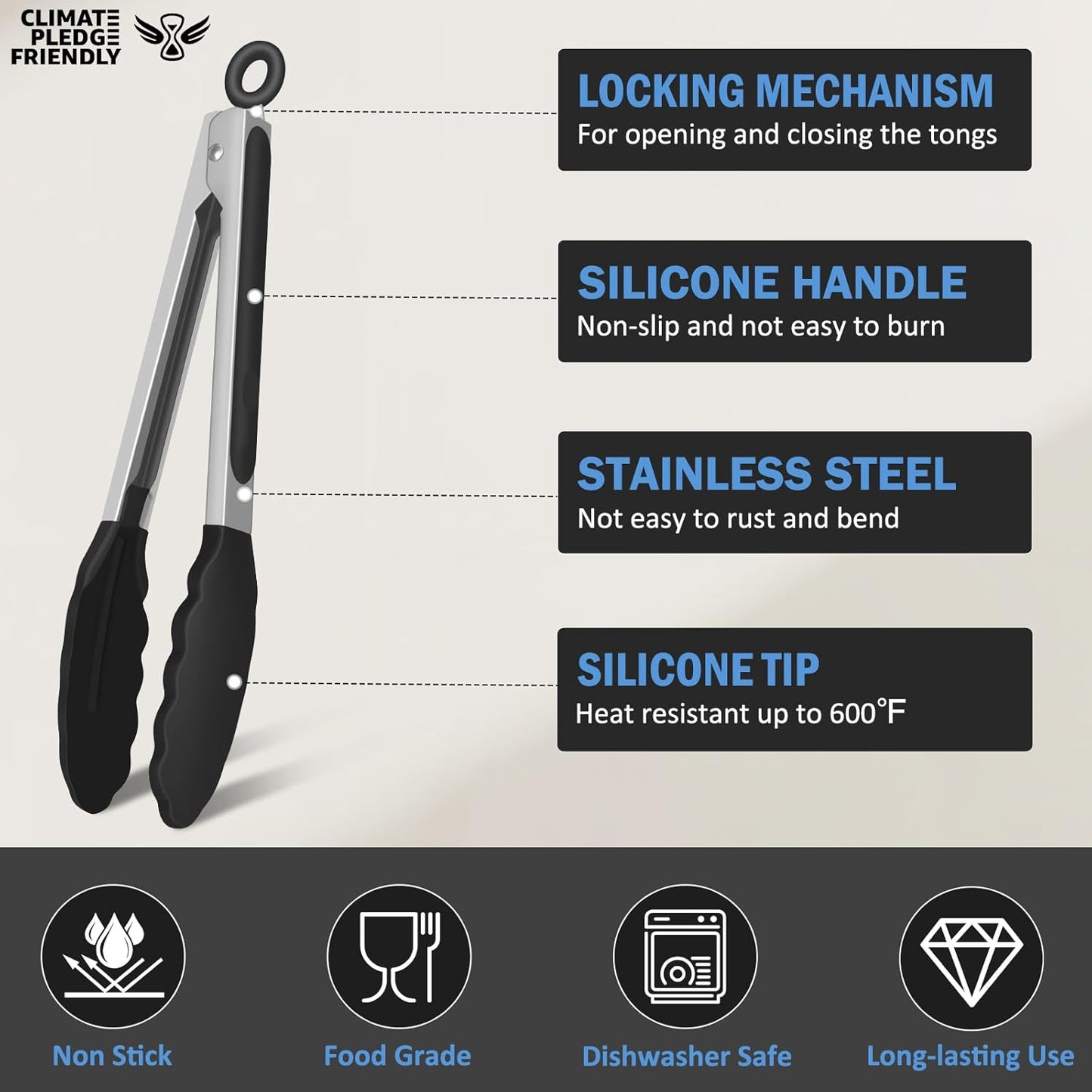 Kitchen Tongs, Set of 3 Stainless Steel Tongs with Silicone Tips Locking Cooking Tongs 600ºF Heat Resistant Tong for Cooking BBQ Grilling Air Fryer Serving Food Salads, 7"+9"+12" Black