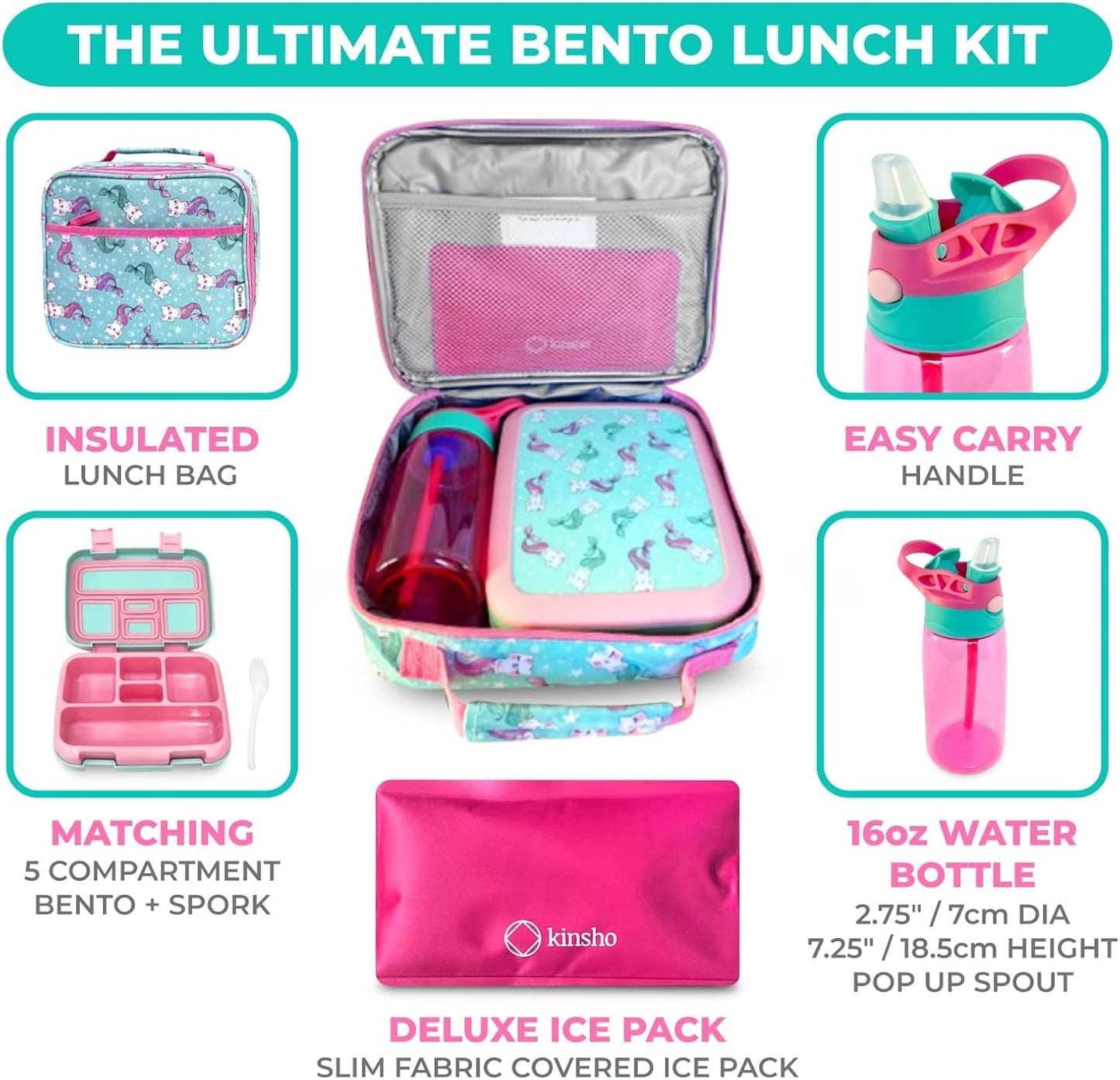 kinsho Bento Lunch Box. Insulated Bag, Water Bottle & Ice Pack Set for Kids, Toddlers, Girls. 5 Portion Sections, Removable Tray, Pre-School Toddler Daycare Lunches, Snack Container, Aqua Cat Mermaid