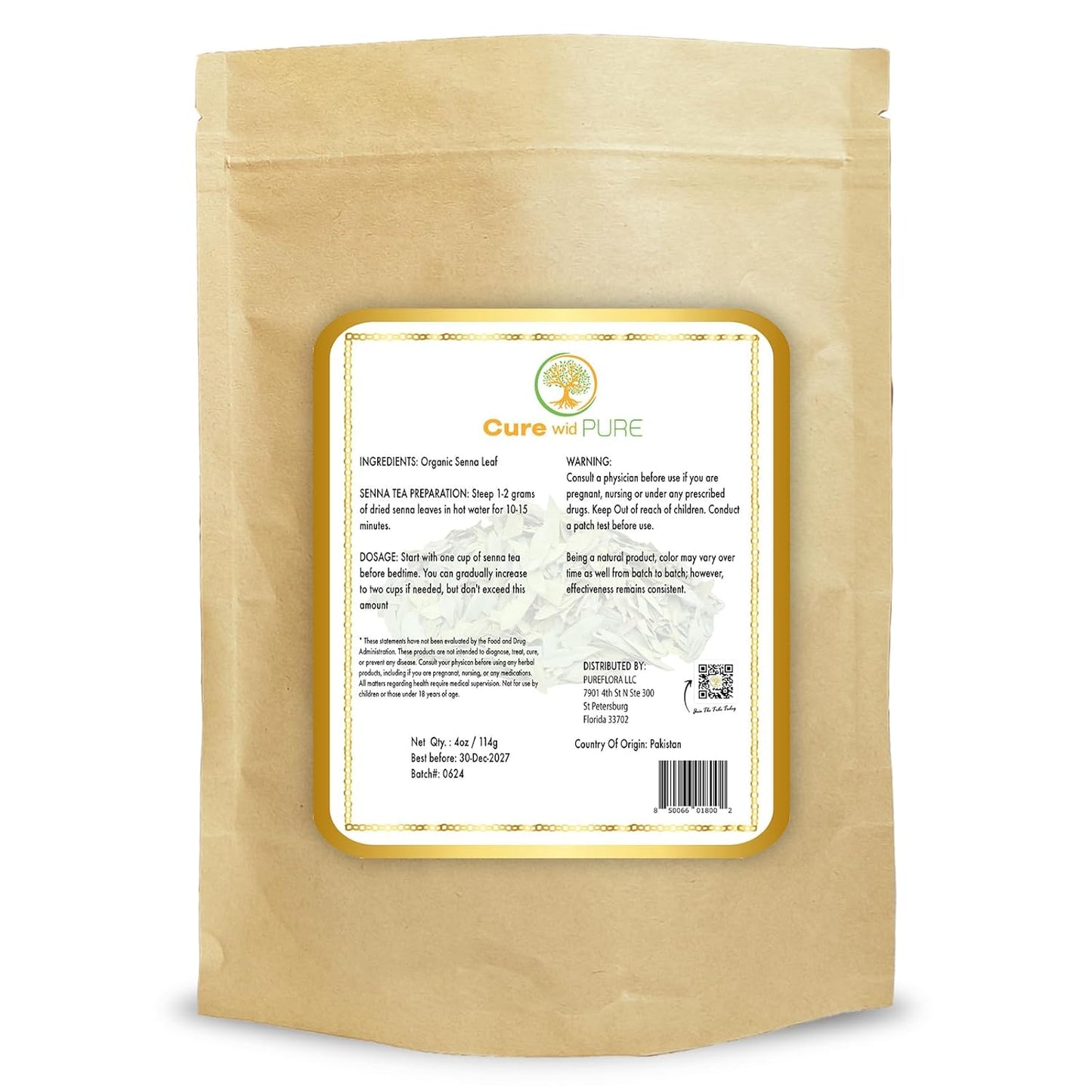 Cure Wid Pure Certified Organic Dried Senna Leaves 4oz Resealable Pack - Non-GMO Organic Senna Tea For Constipation Relief - Senna Leaf Tea To Support Digestion & Regulate Bowel Movements Hojas De Sen