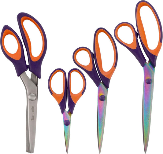BambooMN Titanium Softgrip Scissors Set - Pinking, Sewing, Arts, Crafts, Office - 3 Sets of 4 - Purple w/Orange