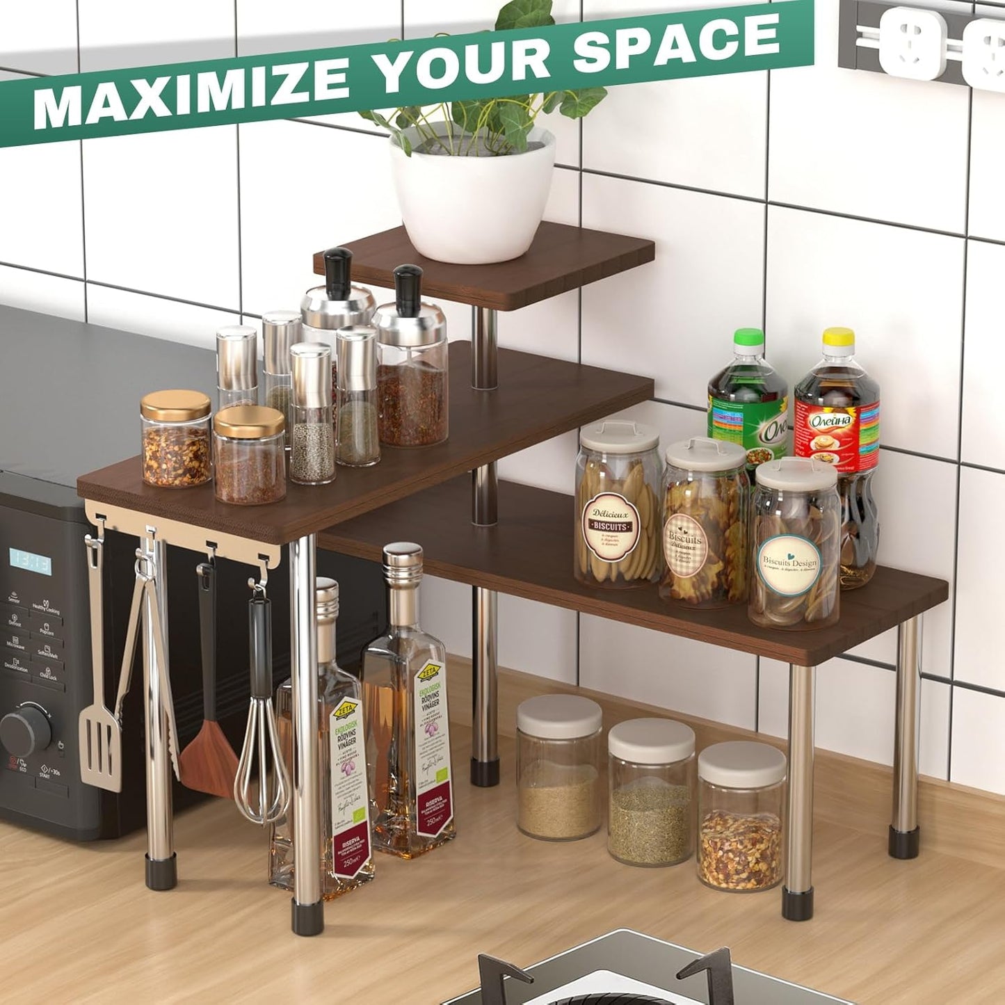 ZHWS Bathroom Counter Organizer for MakeUps, Dresser Table, Kitchen Countertop Organizer Adjustable 3 Tier Corner Shelf with 4 Metal Hooks for Coffee Bar, Spice Rack, Over Sink