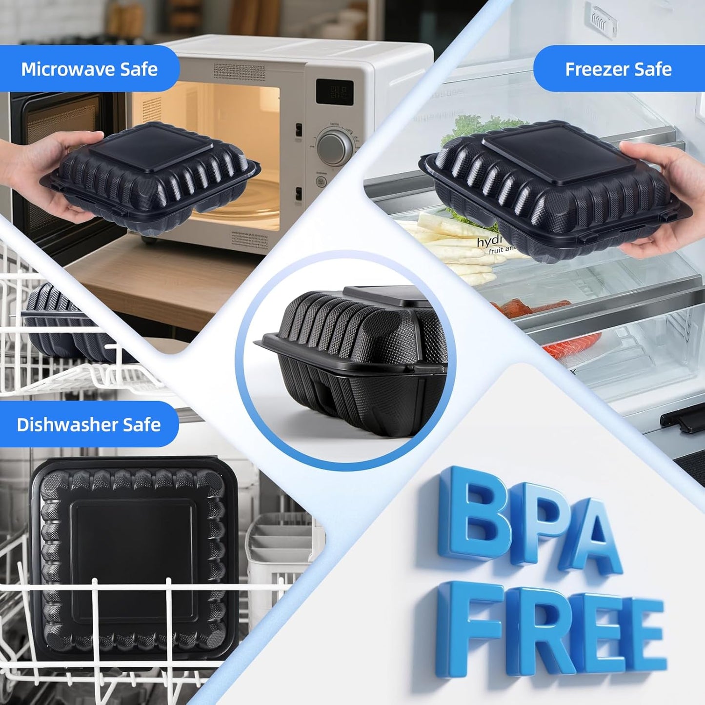 YANGRUI Takeout Containers 8 Inch 34 oz 55 Pack - Mineral Filled BPA Free Polypropylene Plastic | Shrink Wrapped Freezer & Microwave Safe | Black Reusable Hinged Clamshell Food Container