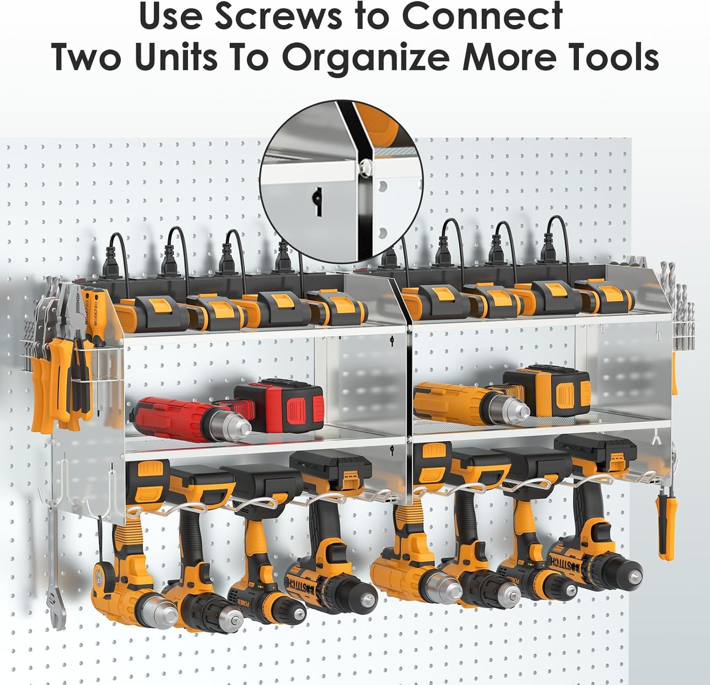 CCCEI Modular Power Tool Organizer Wall Mount with Charging Station. Garage Drill Storage Shelf with Hooks, Heavy Duty Rack, Tool Battery Holder Built in 8 Outlet. Gift for Men. Silver, 1 Pack.