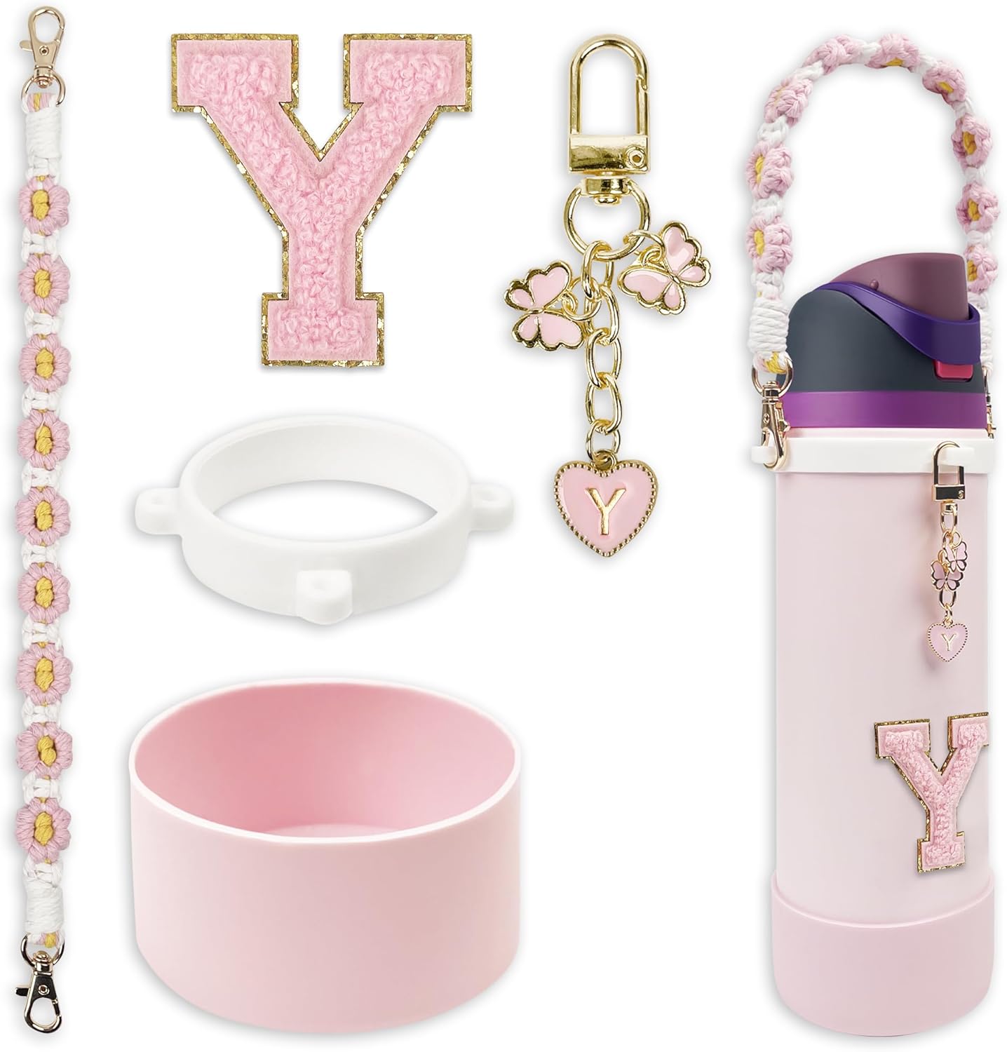 SITKOL Silicone Boot Cute Monogram Set Compatible with Owala Water Bottle 24 oz, 32 oz, 40 oz - Perfect Letter Owala Accessories for Owala Tumbler, Owala Free Sip, Pink Owala, Black Owala