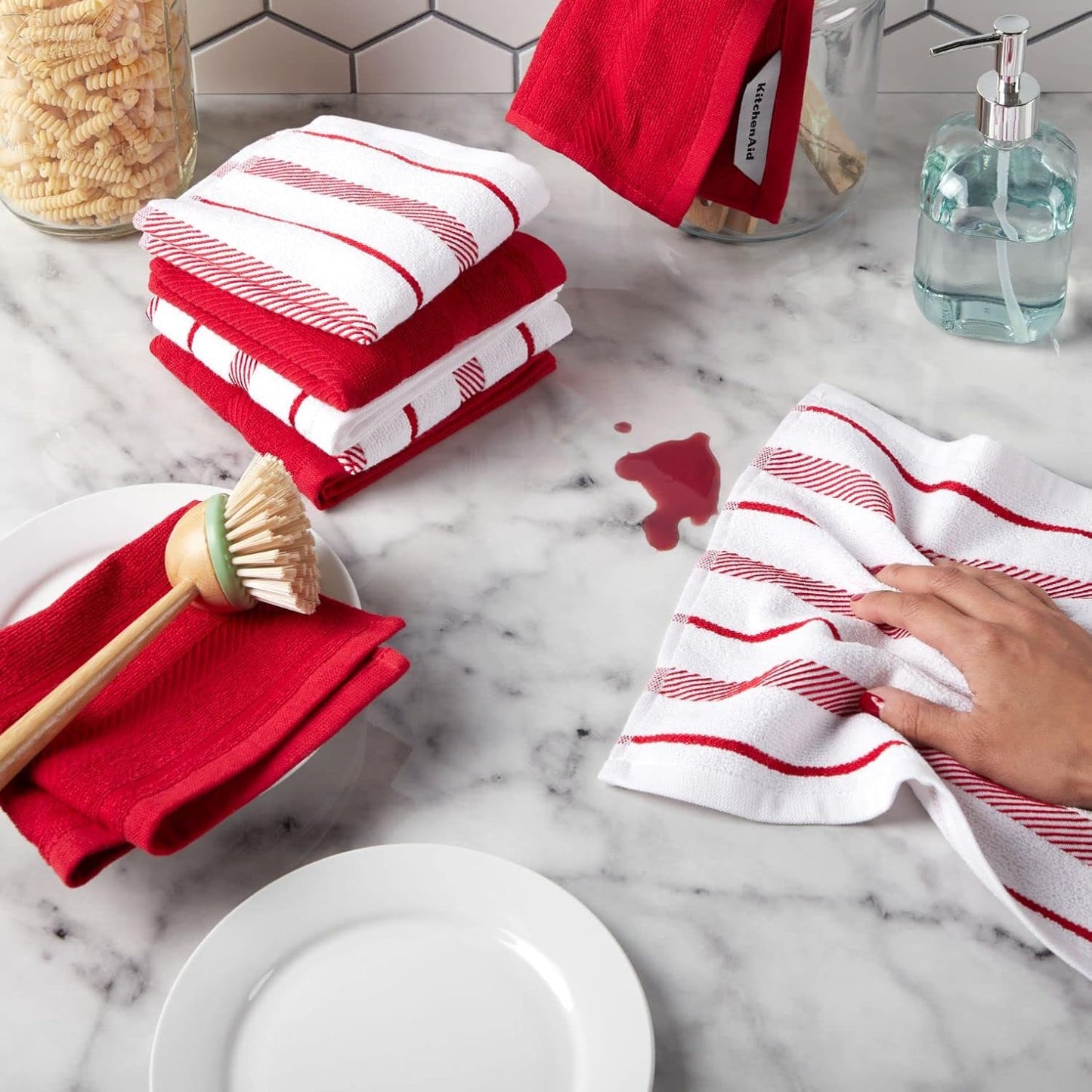 KitchenAid Albany Dishcloth 8 Pack Set, Passion Red/White, 12"x12"