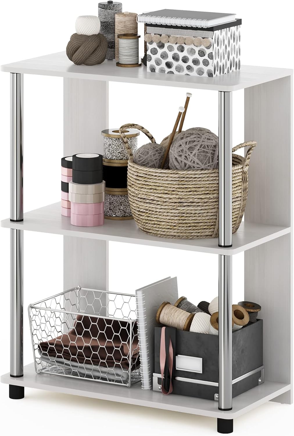 Furinno Jaya Simple Design 3-Tier Bookcase / Bookshelf / Display Rack with Stainless Steel Tubes, White Oak