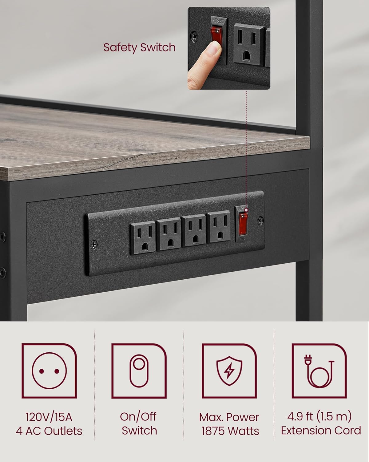 VASAGLE Bakers Rack with Power Outlet, 35.4 Inches Microwave Stand, Coffee Bar, 4 AC Outlets, with Adjustable Shelves, 8 S-Hooks, Basket, Spice Racks, Heather Greige and Ink Black UKKS031K02