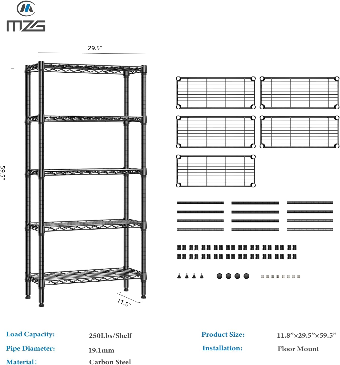 1250 lbs 5 Tier Shelf Metal Storage Shelves Wire Rack Closet Organizers for Garage Kitchen Bathroom Laundry Black 11.8" D x 29.5" W x 59.5" H