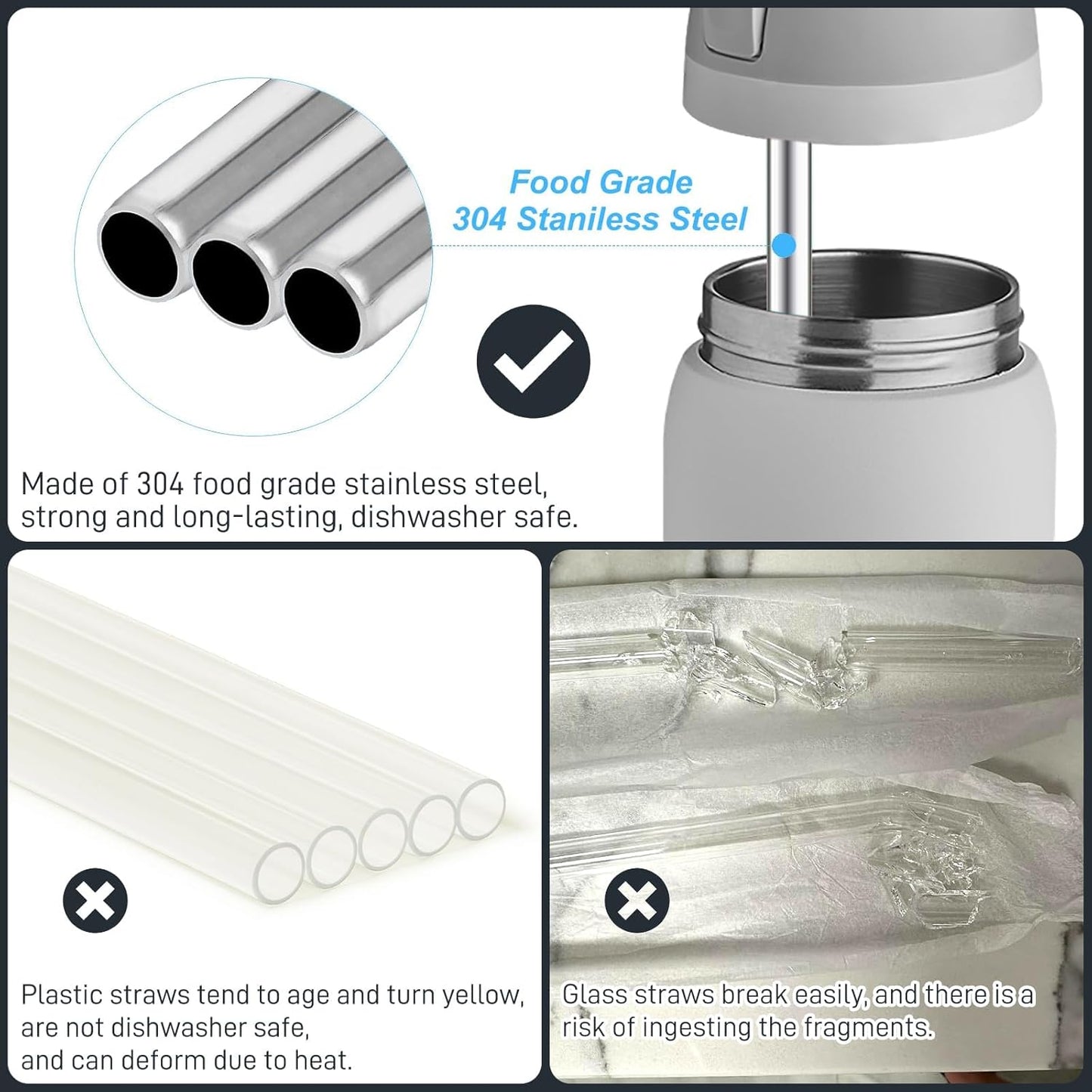 4Pcs Replacement Stainless Steel Straws Compatible with Owala Water Bottle 24oz 32oz Reusable Straws with 2 Cleaning Brushes Metal Straw Replacement Compatible with Owala Freesip (21cm for 24-32oz)