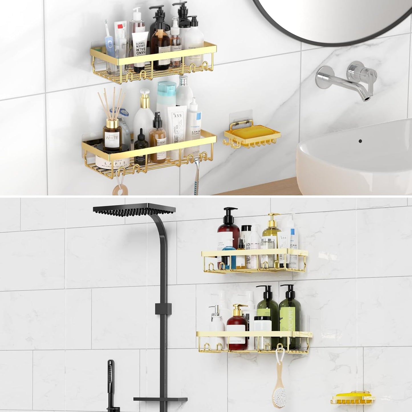Moforoco 3-Pack Shower Caddy Basket Shelf with Soap Holder, No Drilling Traceless Adhesive Shower Wall Shelves, Rustproof Gold Bathroom Shower Storage Organizer