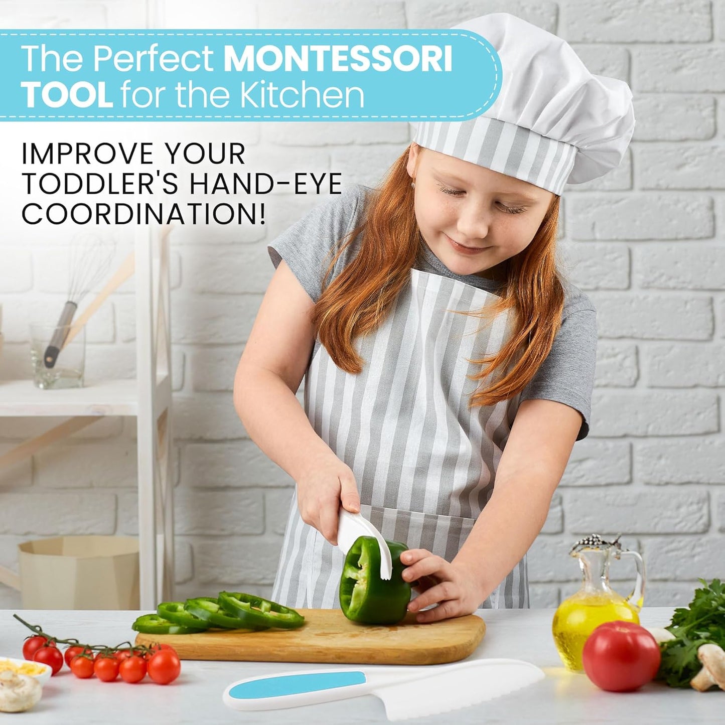 Zulay 3-Piece Kids Knife Set for Real Cooking & Baking - Toddler Knives for Cutting Fruits, Veggies, & Cake - Children’s Montessori Knife with Serrated Edges - Safe & Fun Lettuce Knife (Blue)