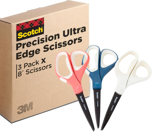 Scotch Brand Precision Ultra Edge Scissors, Left- or Right-Handed, 8 Inch, 3-Pack