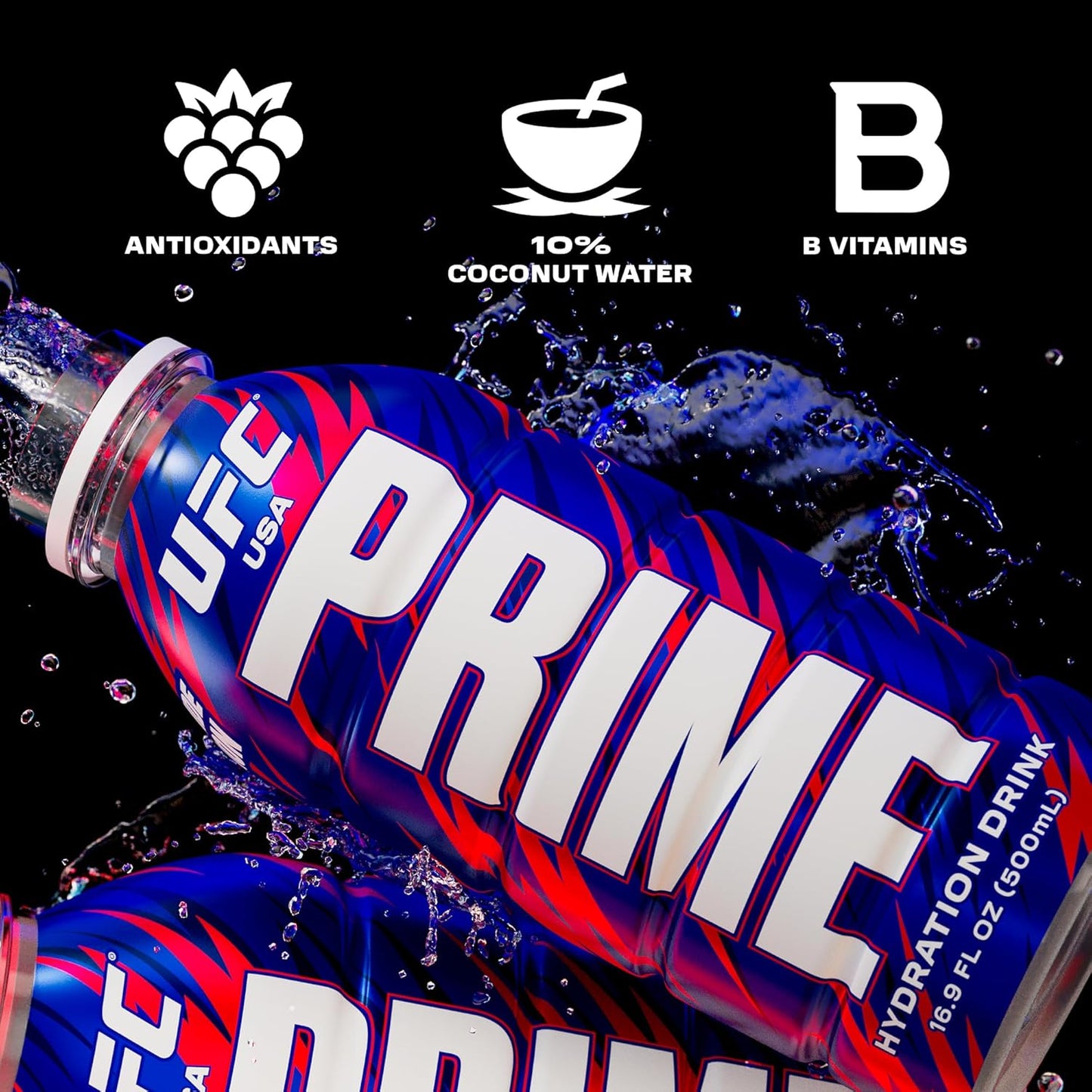 PRIME Hydration UFC, Sports Drinks, Electrolyte Enhanced for Replenishing Fluids, 250mg BCAAs, B Vitamins, Antioxidants, Low Sugar, 16.9 Fl Oz, 12 Pack