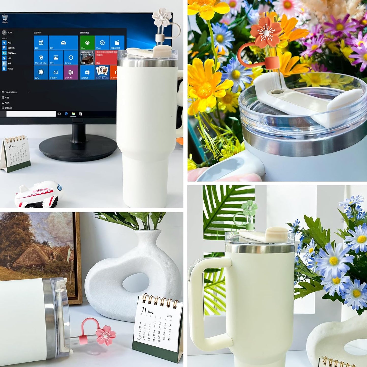 Flower Straw Covers Cap Fit for Stanley Cup, 8Pcs Silicone Flower Straw Toppers Compatible for Stanley 30&40 Oz Tumbler, 10mm Drinking Straw Tip Covers Fit for Stanley Cups Accessories