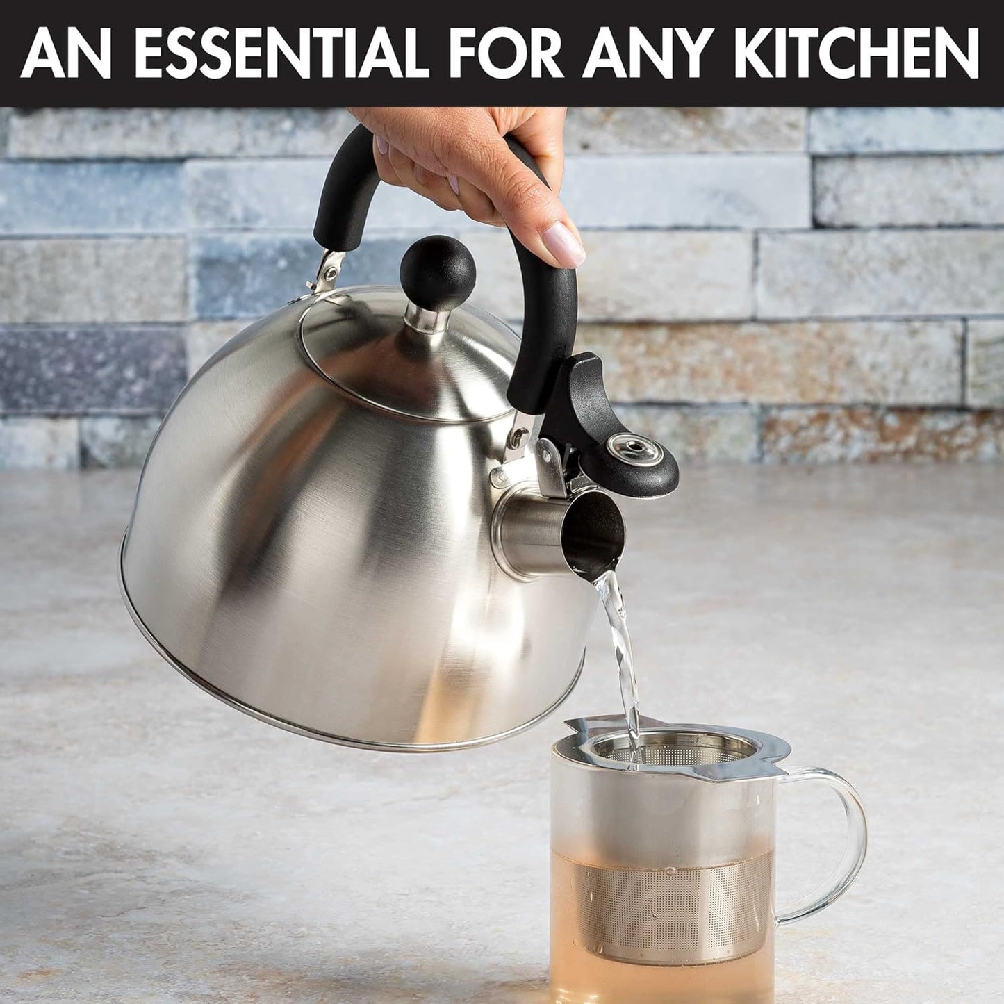 Primula Stewart Whistling Stovetop Tea Kettle Food Grade Stainless Steel, Hot Water Fast to Boil, Cool Touch Folding, 1.5-Quart, Brushed with Black Handle (Pack of 4)