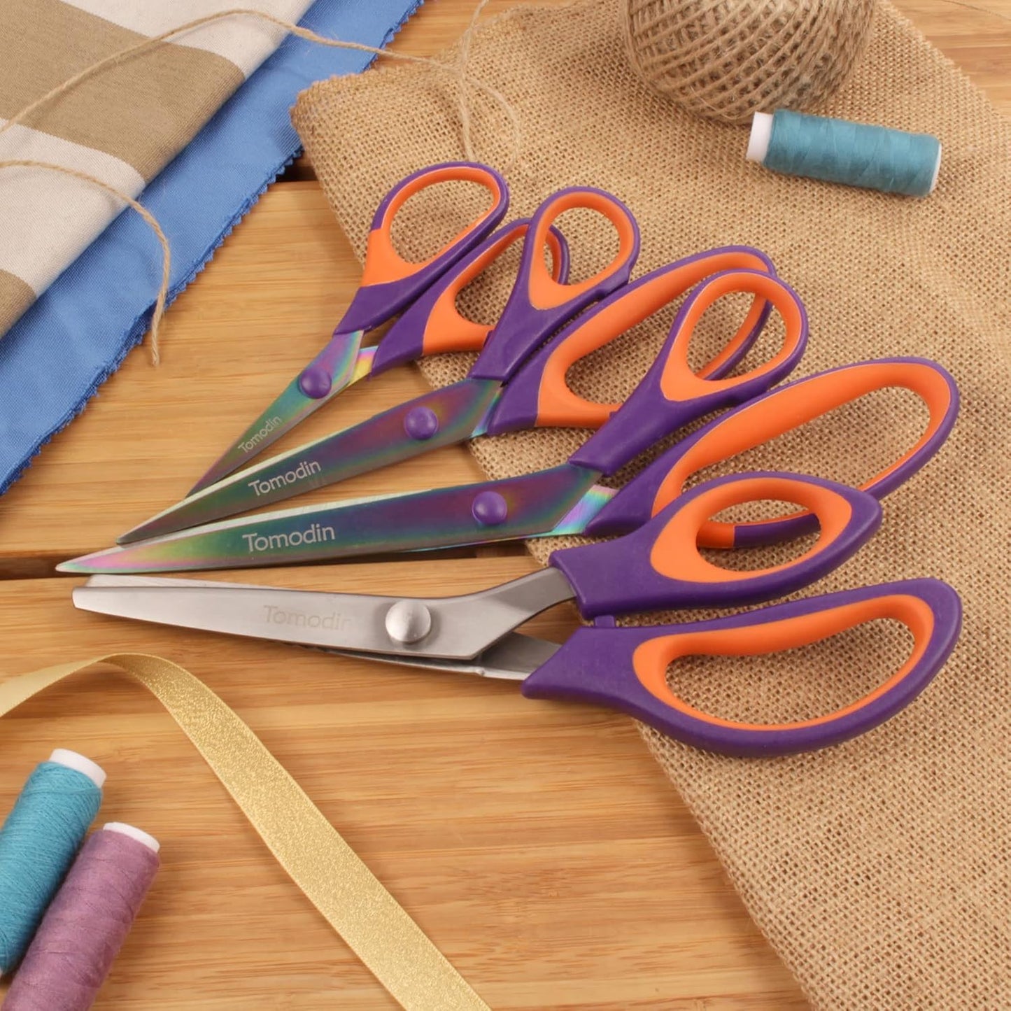 BambooMN Titanium Softgrip Scissors Set - Pinking, Sewing, Arts, Crafts, Office - 1 Set of 4 - Purple w/Orange