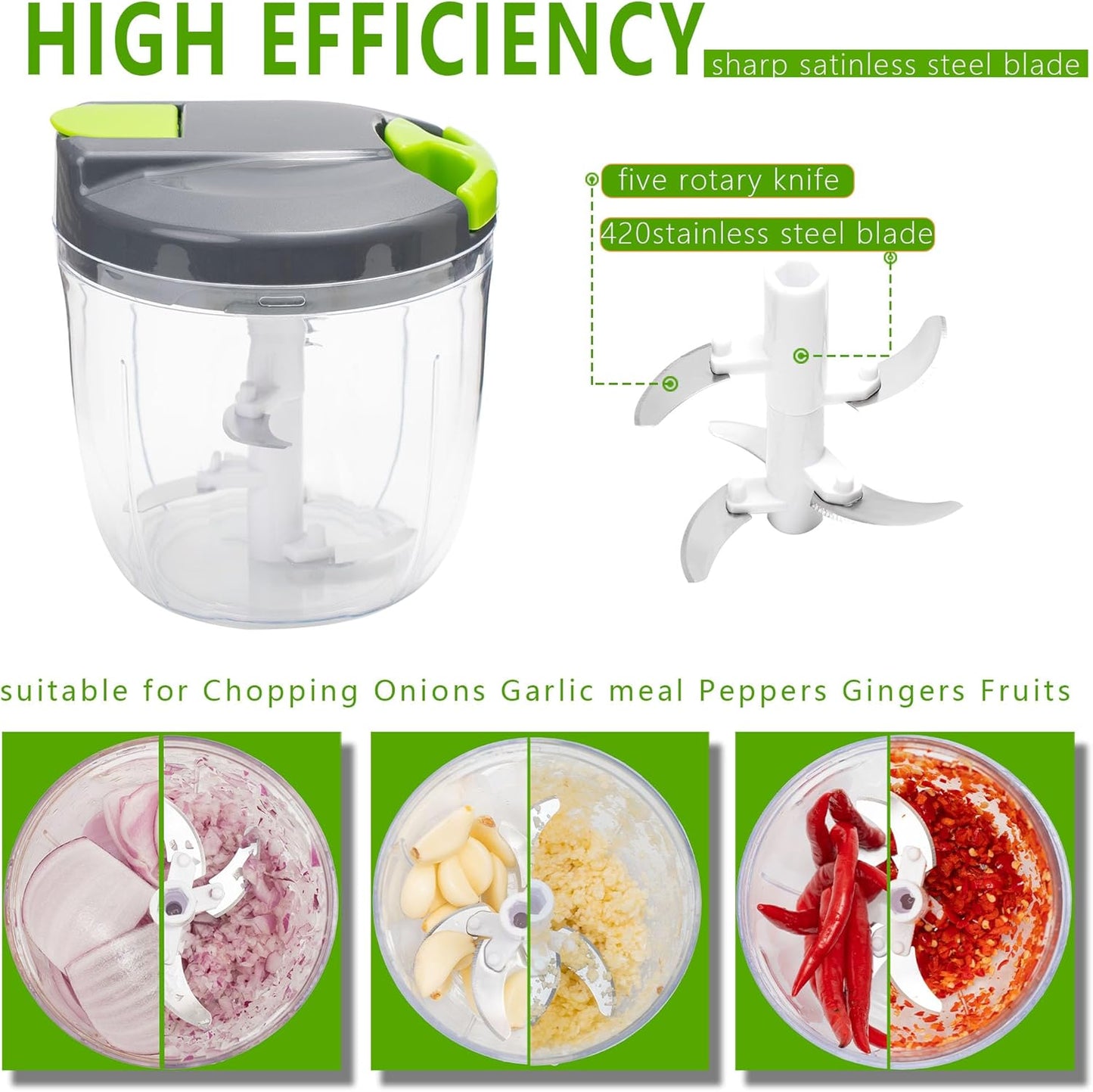 Manual Food Processors & Chopper with Cover and Handle, Manual Onion Chopper Slicer Cutter, Vegetable Chopper, Suitable for Garlic Carrots Onions Peppers Fruits Mincing.（900ML）