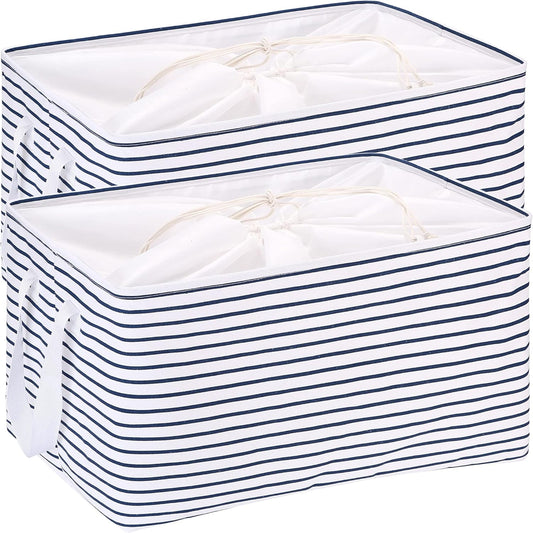 Hinwo 102L XXL Storage Bins, 2-Pack Closet Organizers and Storage, Foldable Clothes Storage Baskets with Handles, Containers for Clothing, Blanket, Comforters, Toys, Bedding (Navy Stripe)