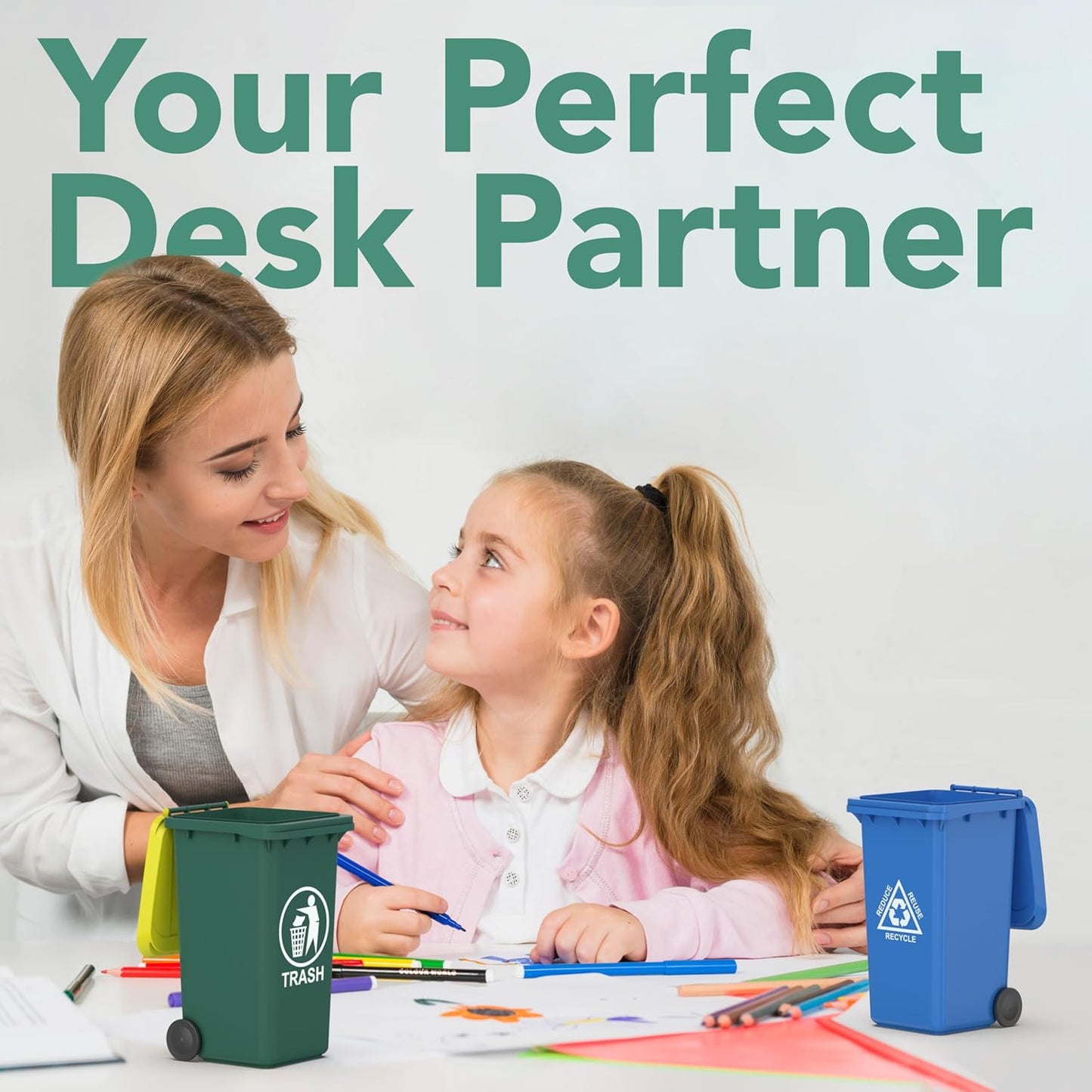 Wiosi Mini Garbage Trash Pen Holder for Desk | Tiny Recycle Bin Pencil Holder Green & Blue, Pack of 2 | Storage for Pencil & Pen | Office Stationery to Organize The Desk | Ideal for Student Work