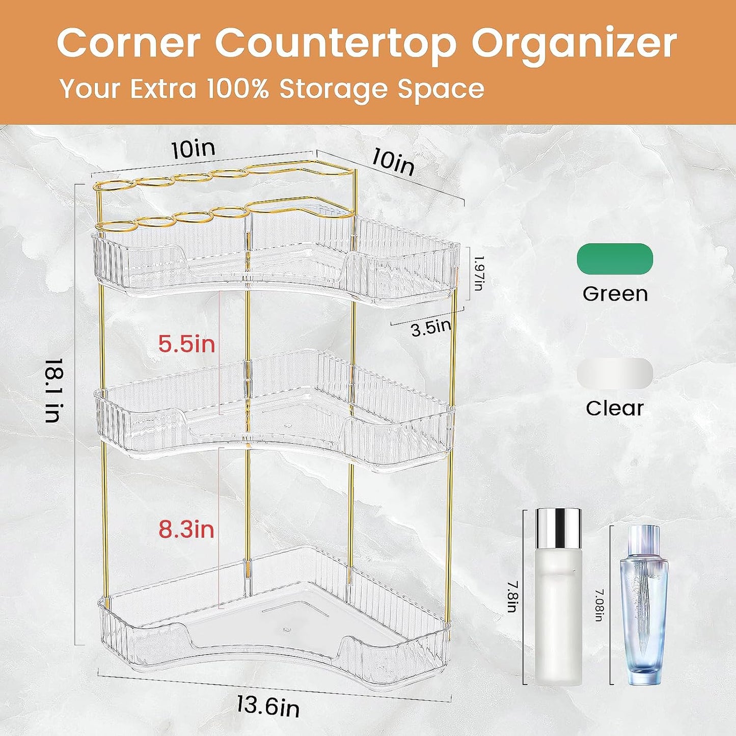 NATURE'S SOURCE Makeup Organizer for Vanity, 3-Tier Corner Bathroom Organizer Countertop with Makeup Brush Holder, Corner Counter Storage for Bathroom, Dresser, Kitchen（Clear