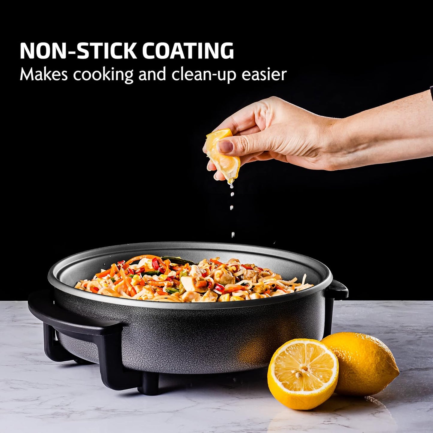 OVENTE 12 Inch Electric Skillet and Frying Pan with Nonstick Coating, 1400W Power, Adjustable Temperature Control, Tempered Glass Lid with Vent and Cool Touch Handles, Black SK11112B