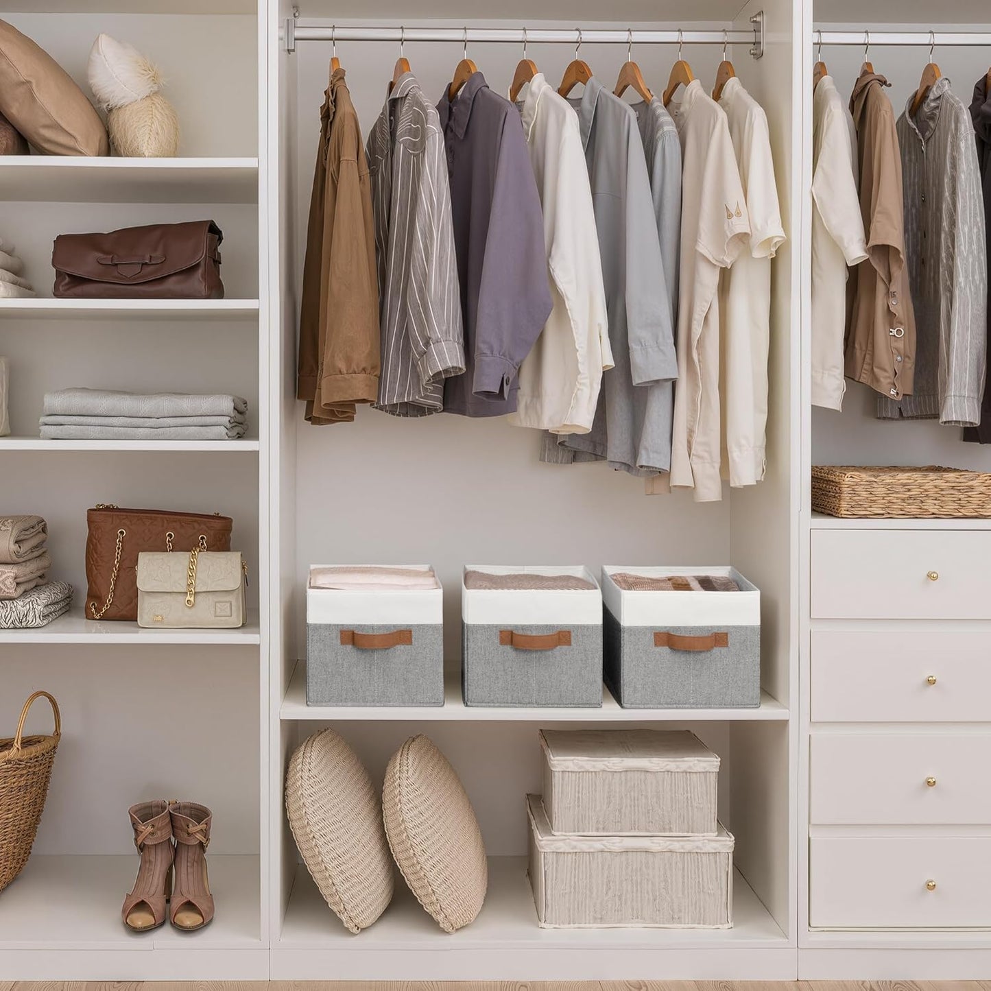 StorageWorks Storage Baskets for Shelves, Foldable Fabric Closet Storage Bins with Handles, Fabric Storage Bins Clothes Organizer, Gray and White, 3-Pack, Large