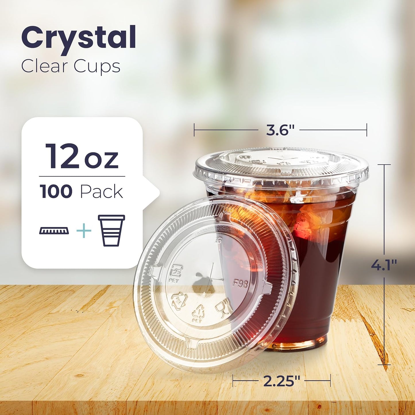 Fit Meal Prep 100 Pack 12 oz Clear Plastic Cups with Flat Lids, Disposable Iced Coffee Cups, BPA Free Premium Crystal Smoothie Cup for Party, Lemonade Stand, Cold Drinks, Juice, Milkshake