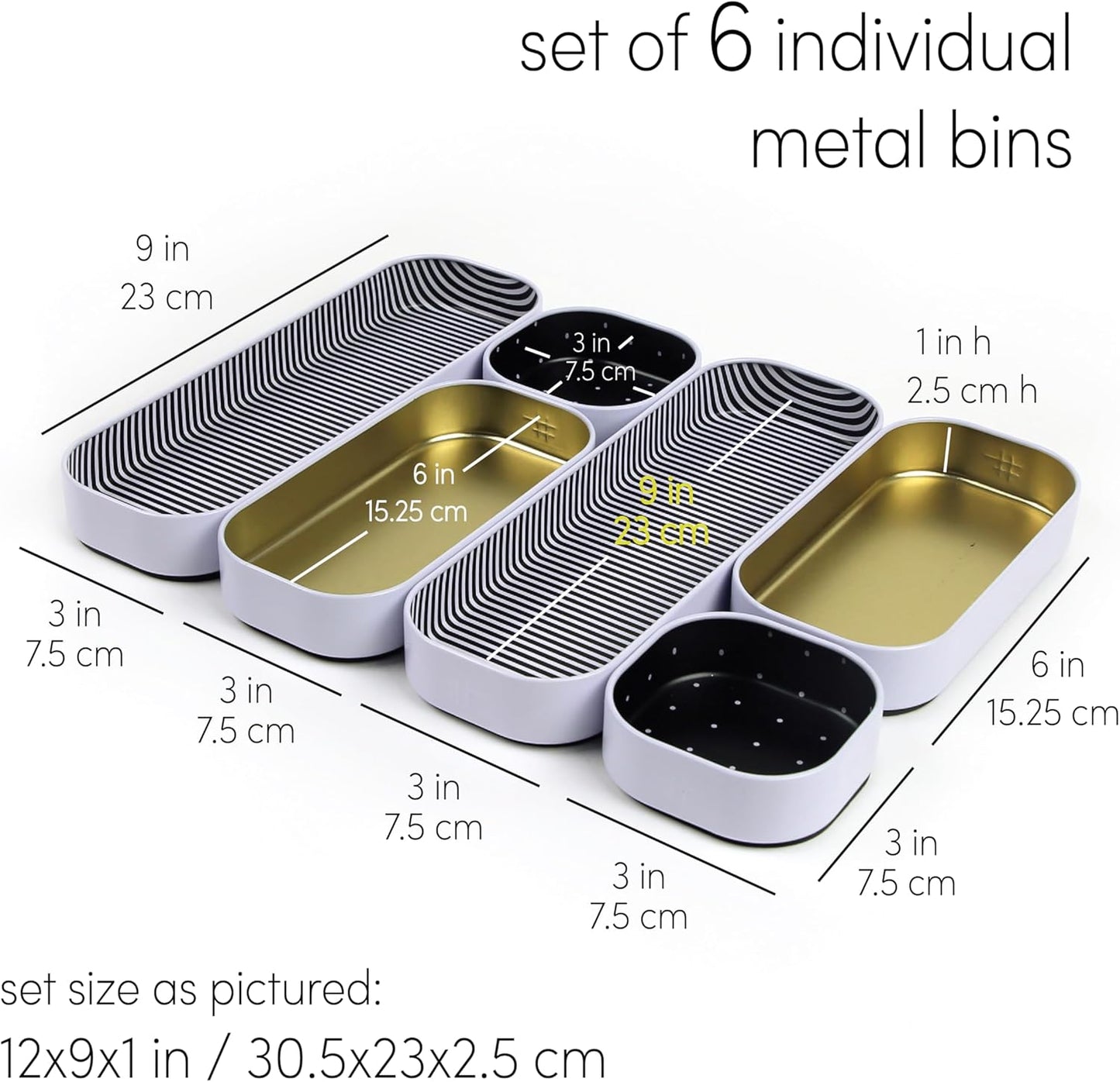 Three by Three Seattle 6 Piece Shallow Metal Organizer Tray Set for Storing Makeup, Stationery, Utensils, and More in Office Desk, Kitchen and Bathroom Drawers (1 Inch, Gold Dots and Stripes)