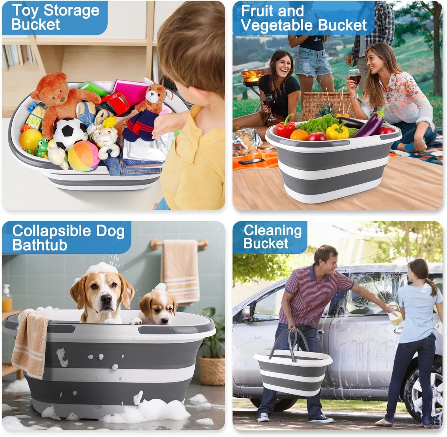 Extra Large Collapsible Bucket 35L Mop Bucket With Handles & Wheels, Plastic Wash Basin Pet Bath Tub for Puppy Dogs Cats, Folding Laundry Basket Clothes Storage Organizer RV Outdoor Camping Essentials