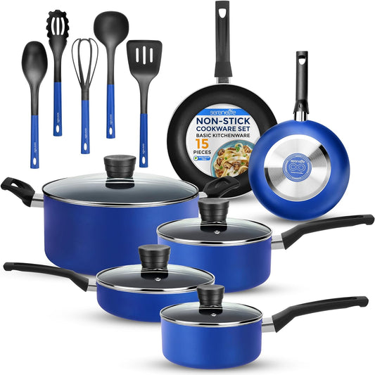 SereneLife 15-Pc Blue Nonstick Cookware Set, Heat-Resistant Pots & Pans Set with Lids, Dishwasher Safe, Includes Matching Utensils