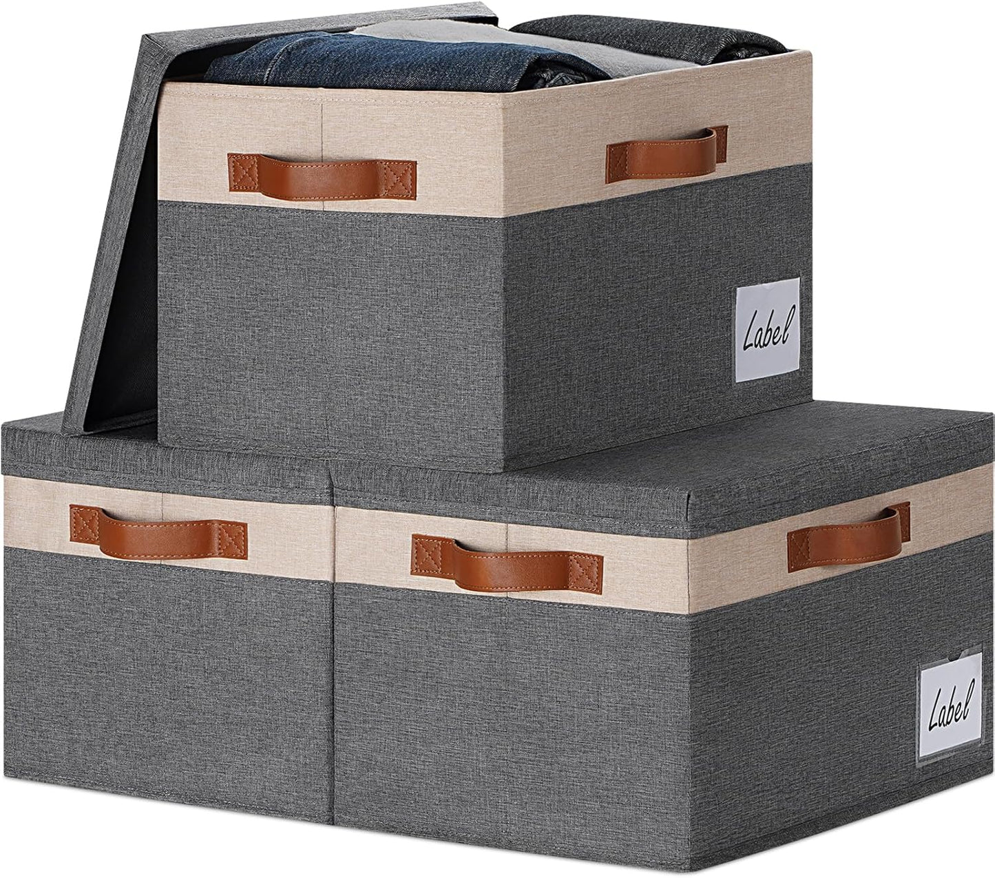 GhvyenntteS Fabric Storage Bins with Lids 3 Pack, Large Fabric Storage Baskets with Lid and Handles, Foldable Closet Organizers and Storage boxes with Label Window for Home (Beige, 15" x 11" x 9.7")