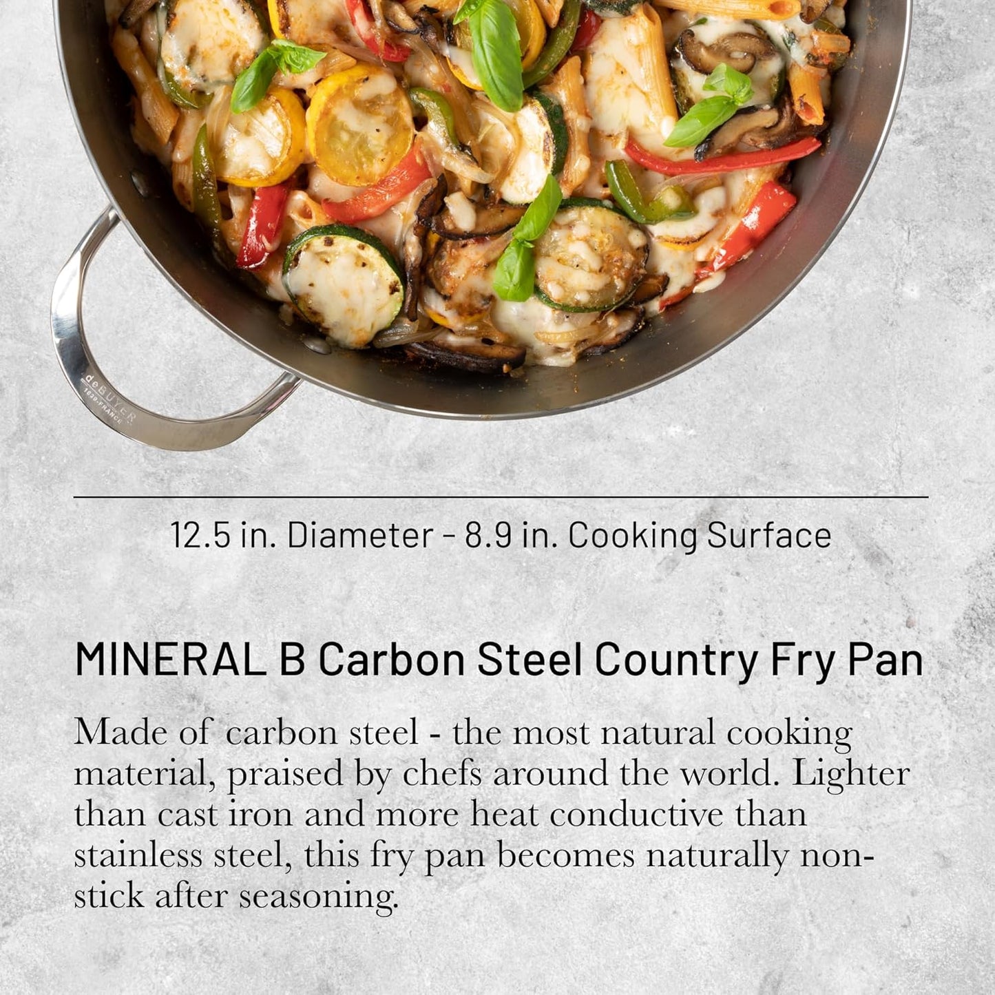 de Buyer MINERAL B Carbon Steel Country Fry Pan - 12.5” Diameter, 8.9” Cooking Surface - Ideal for Sauteing, Simmering, Deep Frying, Stir Frying, One-Pan Meals - PFAS, PFOA, PFOS Free - Made in France