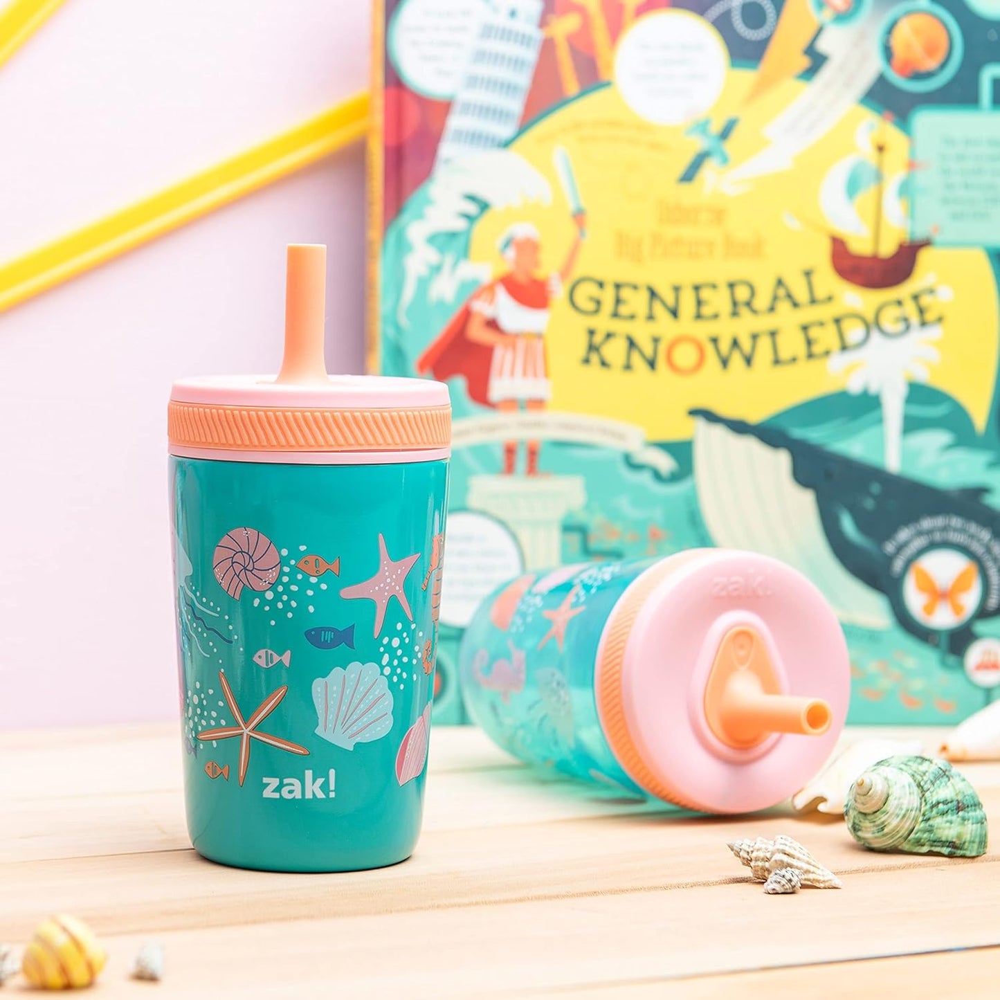 Zak Designs Shells Kelso Tumbler Set, Leak-Proof Screw-On Lid with Straw, Bundle for Kids Includes Plastic and Stainless Steel Cups with Bonus Sipper (3pc Set, Non-BPA) (Pack of 12)