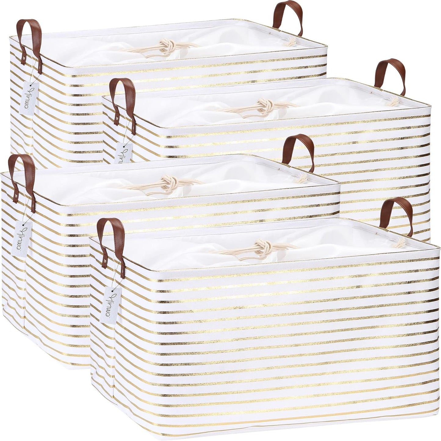 Hinwo 70L Extra Large Storage Bins, 4-Pack Closet Organizers and Storage, Foldable Clothes Storage Baskets with Handles, Containers for Clothing, Blanket, Comforters, Toys, Bedding (Gold Stripe)