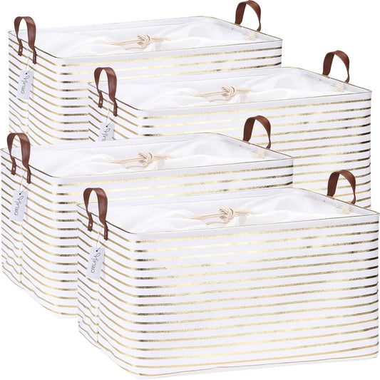 Hinwo 70L Extra Large Storage Bins, 4-Pack Closet Organizers and Storage, Foldable Clothes Storage Baskets with Handles, Containers for Clothing, Blanket, Comforters, Toys, Bedding (Gold Stripe)