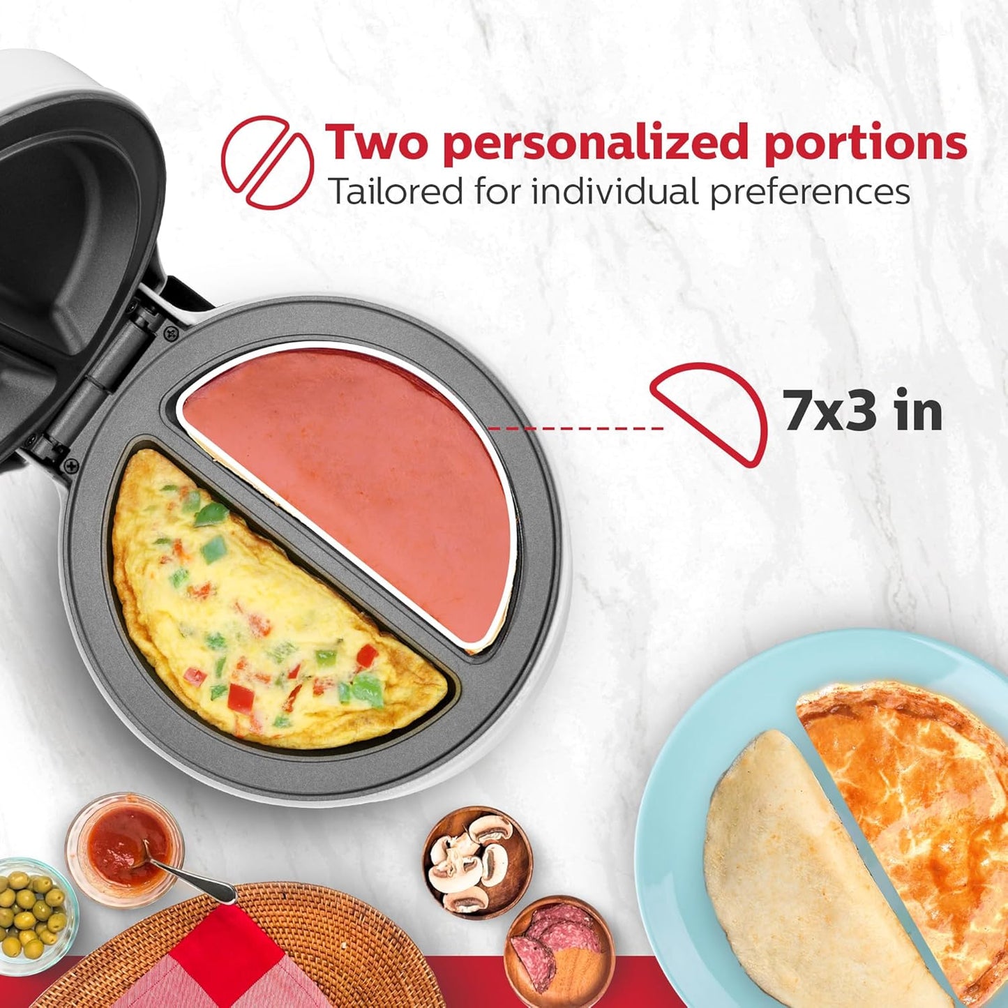 Holstein Housewares Stainless Steel 2 Section Omelet & Frittata Maker, Non Stick Coating, Easy To Clean, Indicator Lights, Compact Storage, Prepare Versatile Recipes in Minutes. 2 Portions, White