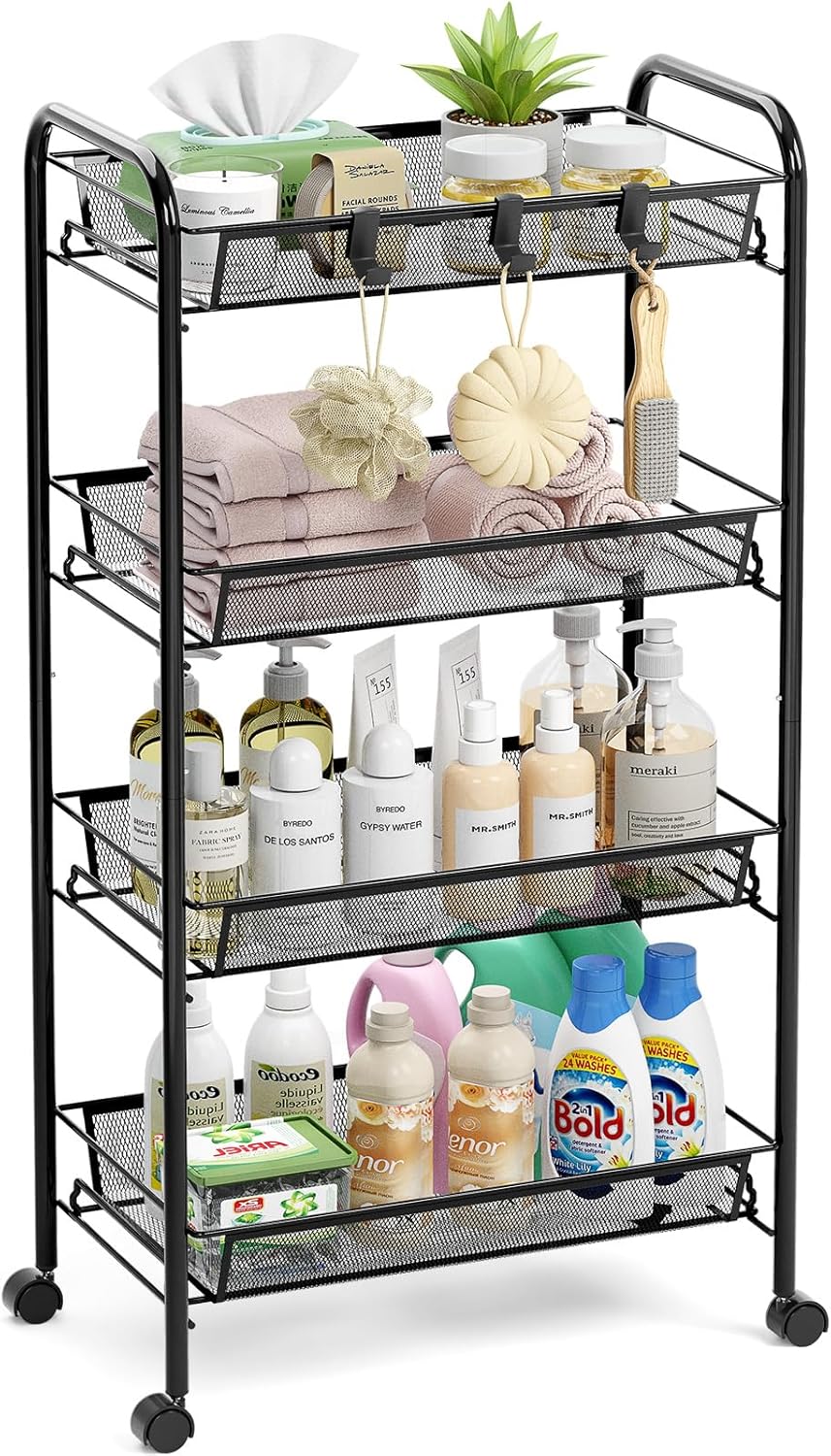 TOOLF 4-Tier Rolling Cart, Metal Utility Cart with 3 Hooks, Easy Assemble Mobile Storage Trolley On Wheels, Metal Shelving Units Kitchen Bathroom Laundry Room