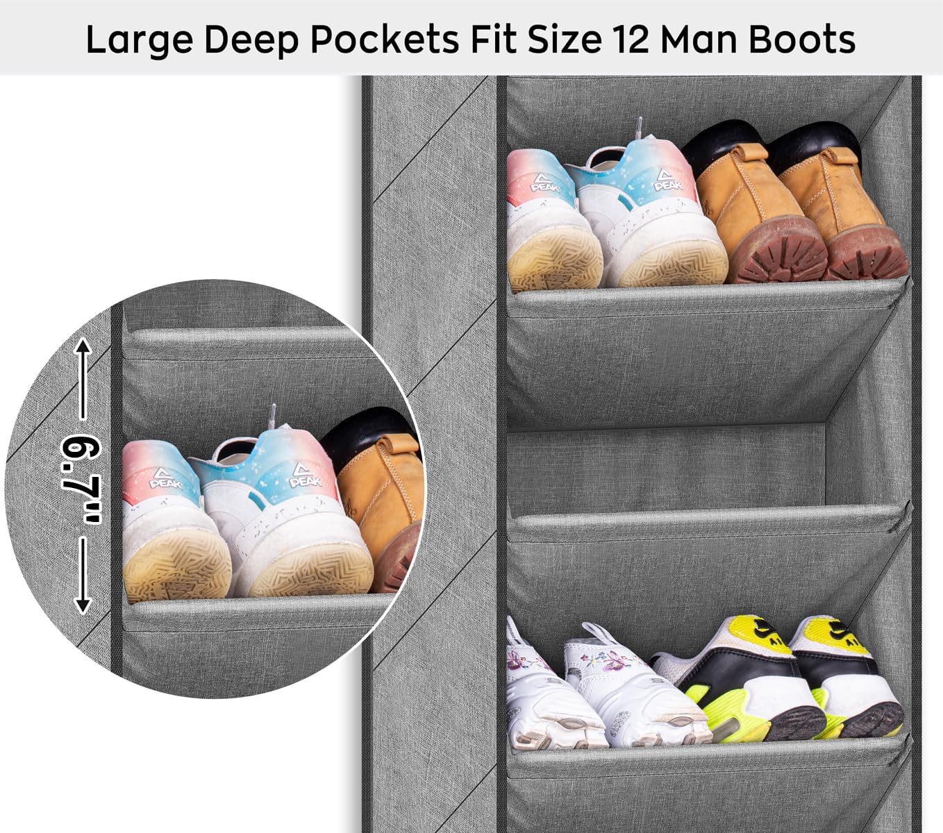 SLEEPING LAMB Over The Door Shoe Organizer for Closet with Large Deep Pockets, Narrow Shoe Rack for Door Hanging Boots Storage, Grey