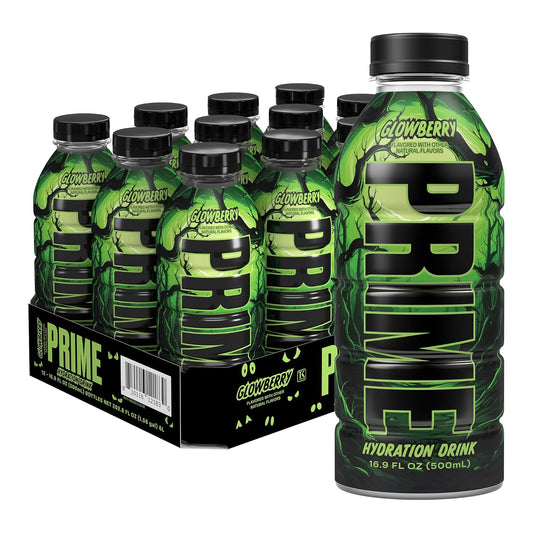 PRIME Hydration GLOWBERRY, Sports Drinks, Electrolyte Enhanced for Ultimate Hydration, 250mg BCAAs, B Vitamins, Antioxidants, Low Sugar, 16.9 Fl Oz, 12 Pack