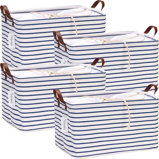 Hinwo 4-Pack Large Canvas Fabric Storage Baskets with Handles, 31L Rectangle Storage Bins, Collapsible Storage Box, Clothes, Toys, Blankets Organizers, 16.5 x 11.8 x 9.8 inches, (Navy Blue Stripe)