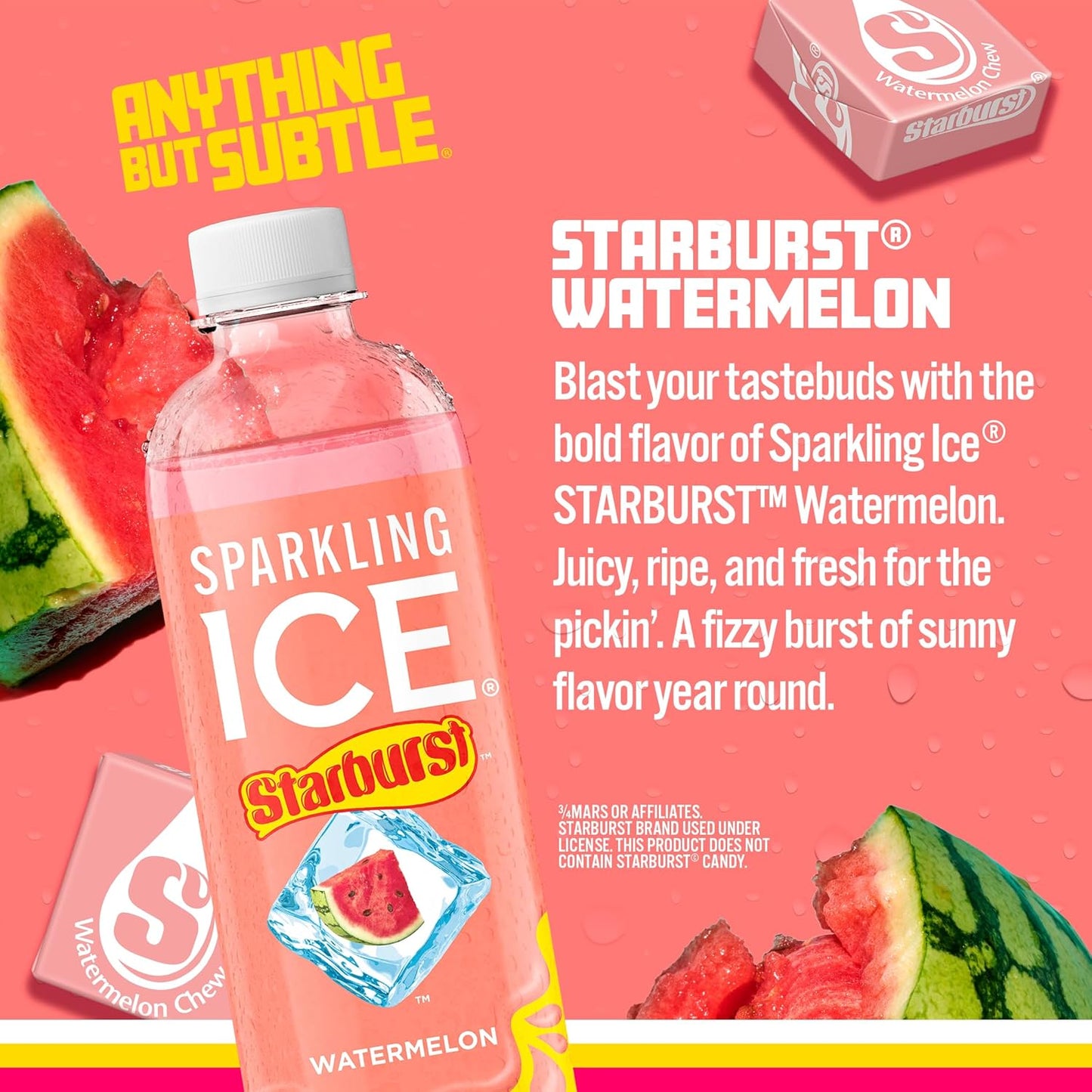 Sparkling Ice STARBURST Watermelon, Zero Sugar Flavored Sparkling Water, with Vitamins and Antioxidants, Low Calorie Beverage, 17 fl oz Bottles (Pack of 12)