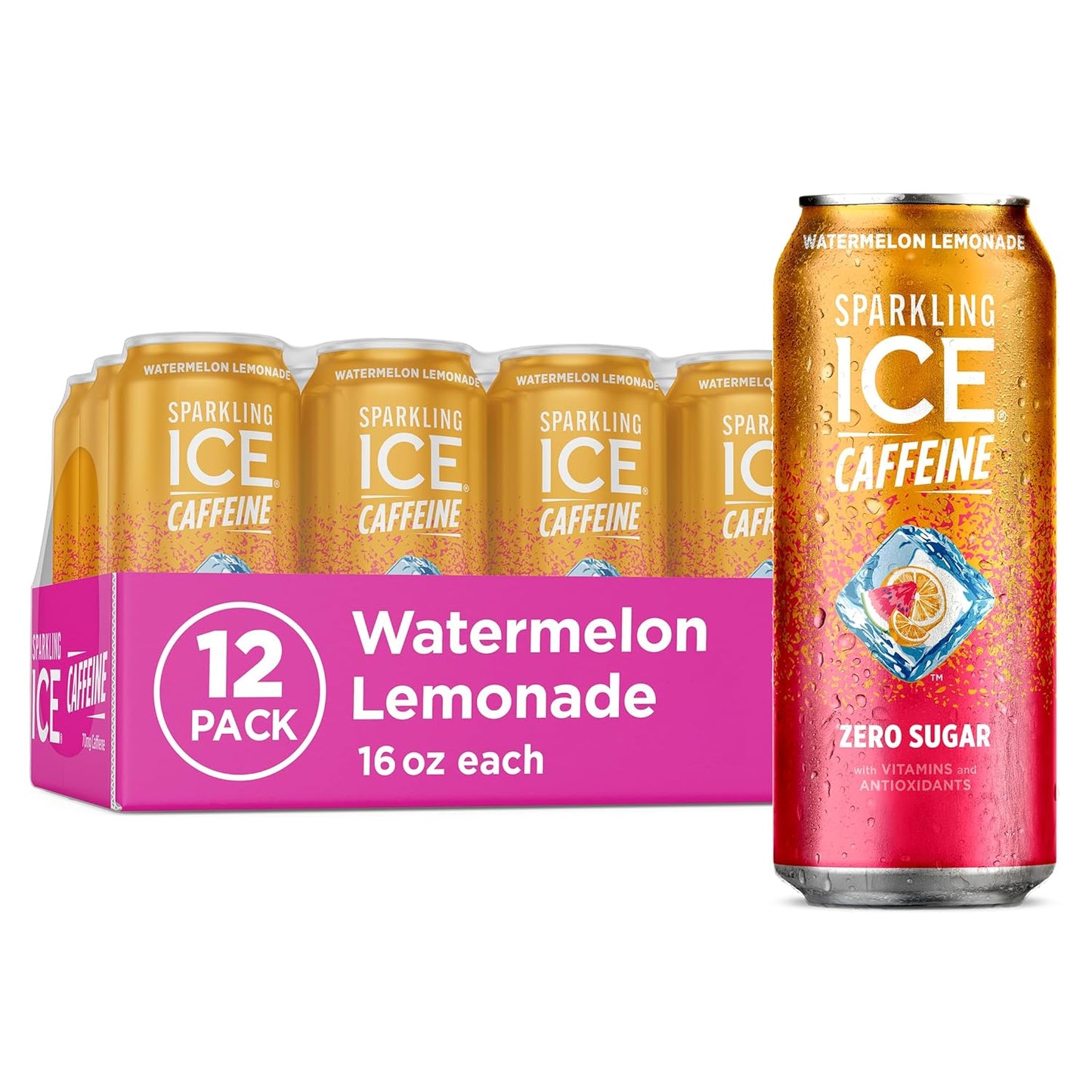Sparkling Ice Caffeine Watermelon Lemonade Sparkling Water with Caffeine, Zero Sugar, with Antioxidants and Vitamins,16 fl oz Cans (Pack Of 12)