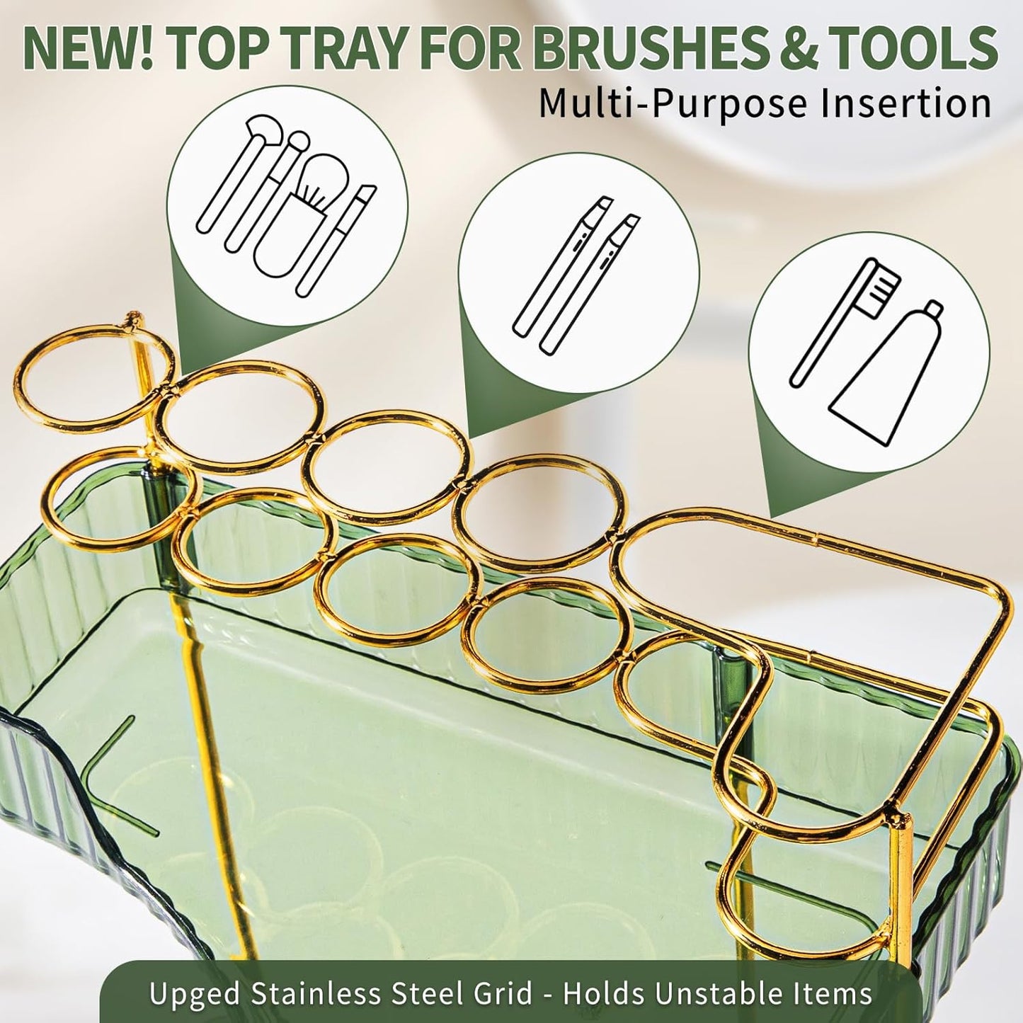 Upgraded 3-Tier Corner Bathroom Countertop Organizer – Spacious Storage for Makeup, Skincare & Perfumes, Built-in Brush Holder Fits Vanity/Dresser/Bsthtub (Sage Green)