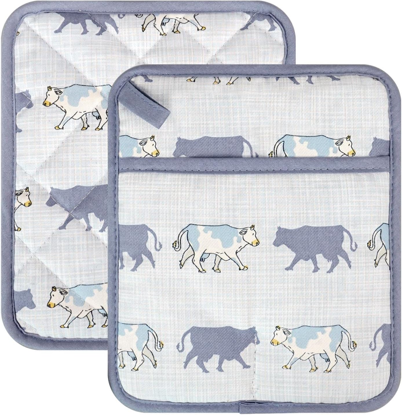 Pot Holders Set of 2 Heat Resistant 480℉ Kitchen 100% Cotton Comfortable Lining Printing Fox Flower Women Men Home Cooking Baking Microwave BBQ Gift (Cow potholder)