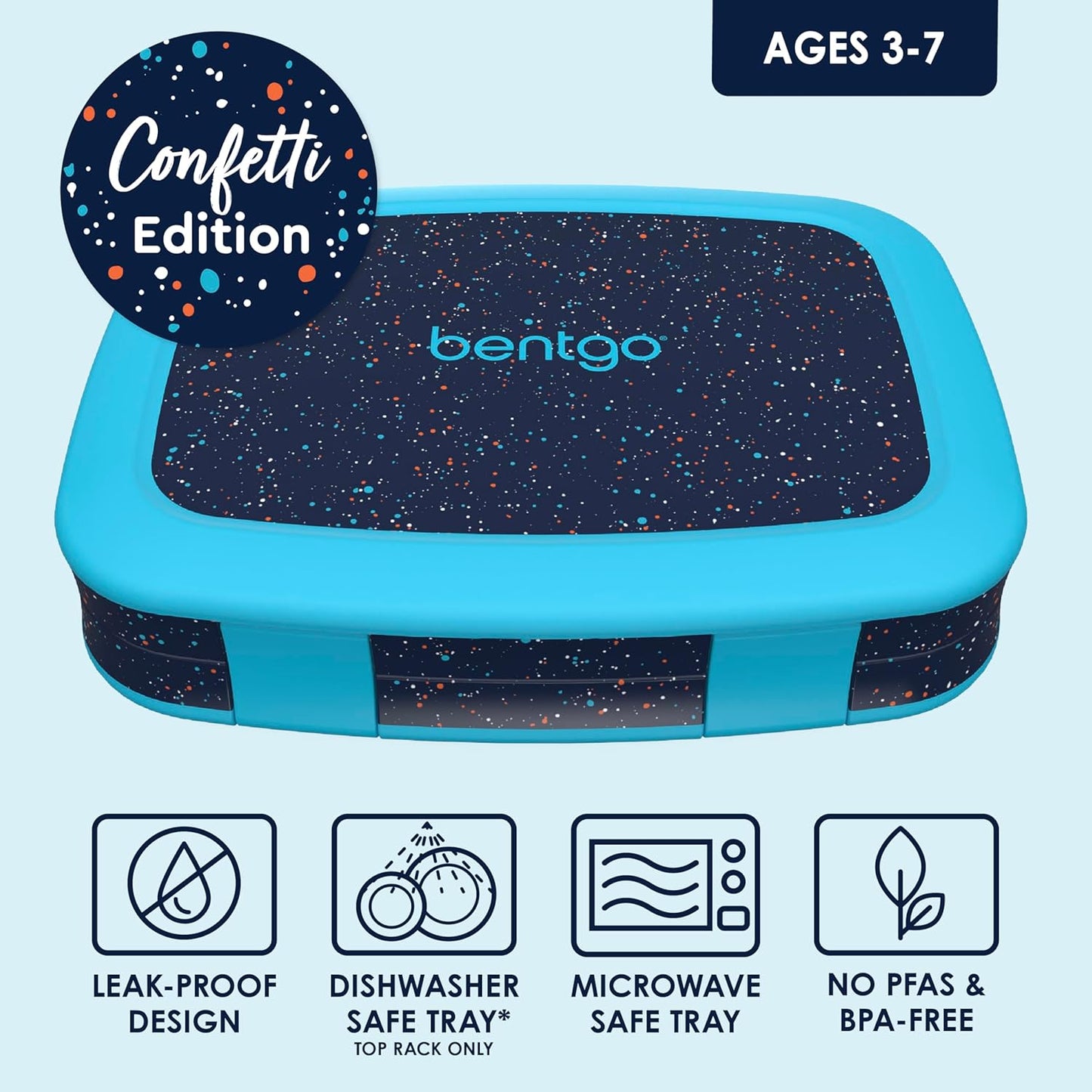 Bentgo Kids 5-Compartment Lunch Box - Confetti Design for School, Ideal for Ages 3-7, Leak-Proof, Drop-Proof, Dishwasher Safe, & Made with PFAS & BPA-Free Materials (Confetti Edition - Abyss Blue)