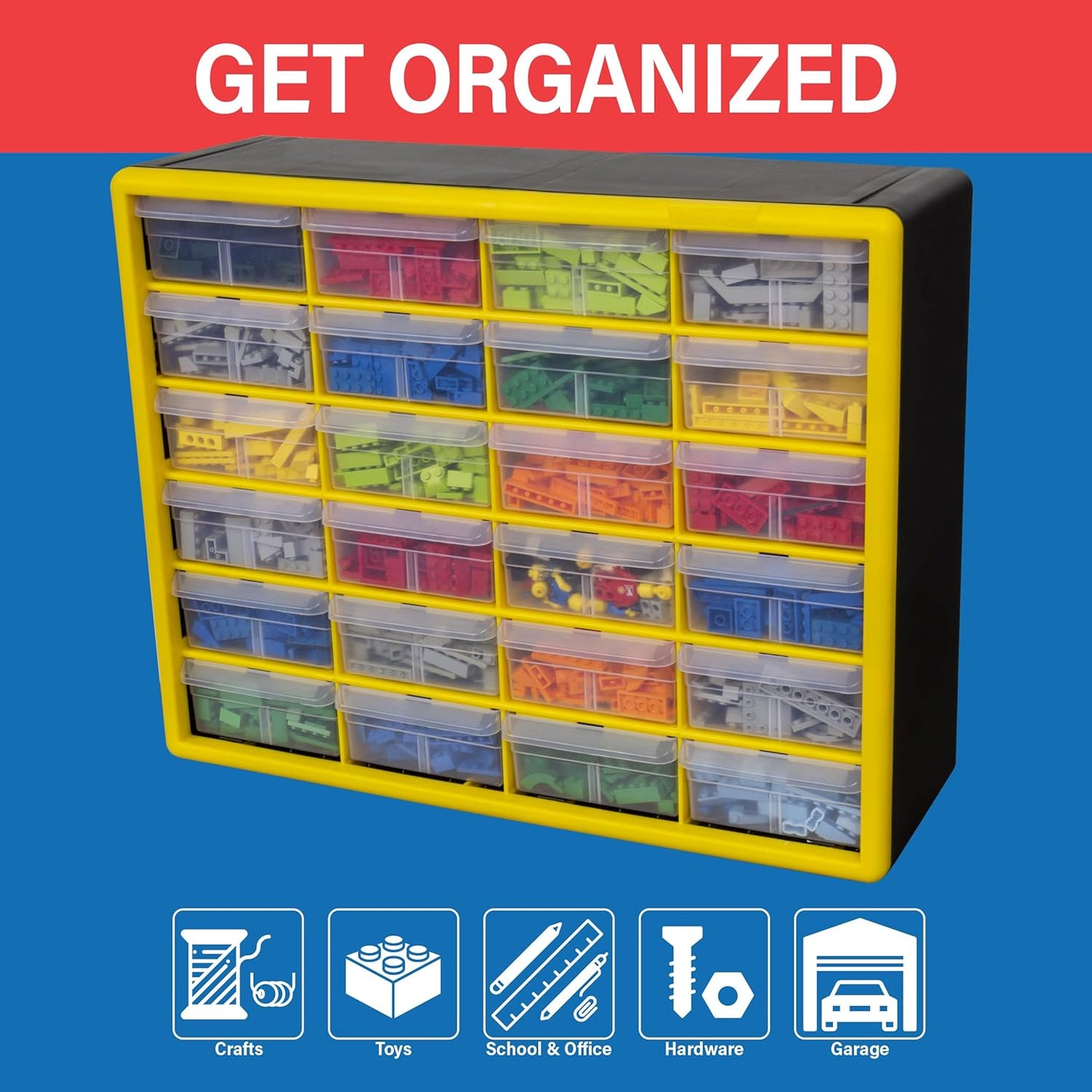 Akro-Mils 24-Drawer Plastic Drawer Storage Cabinet for Garage Organization, Bead Organizer, Building Bricks Storage, Teacher Toolbox, Makeup Organizer, 20" W x 6" D x 16" H, 10124 Yellow