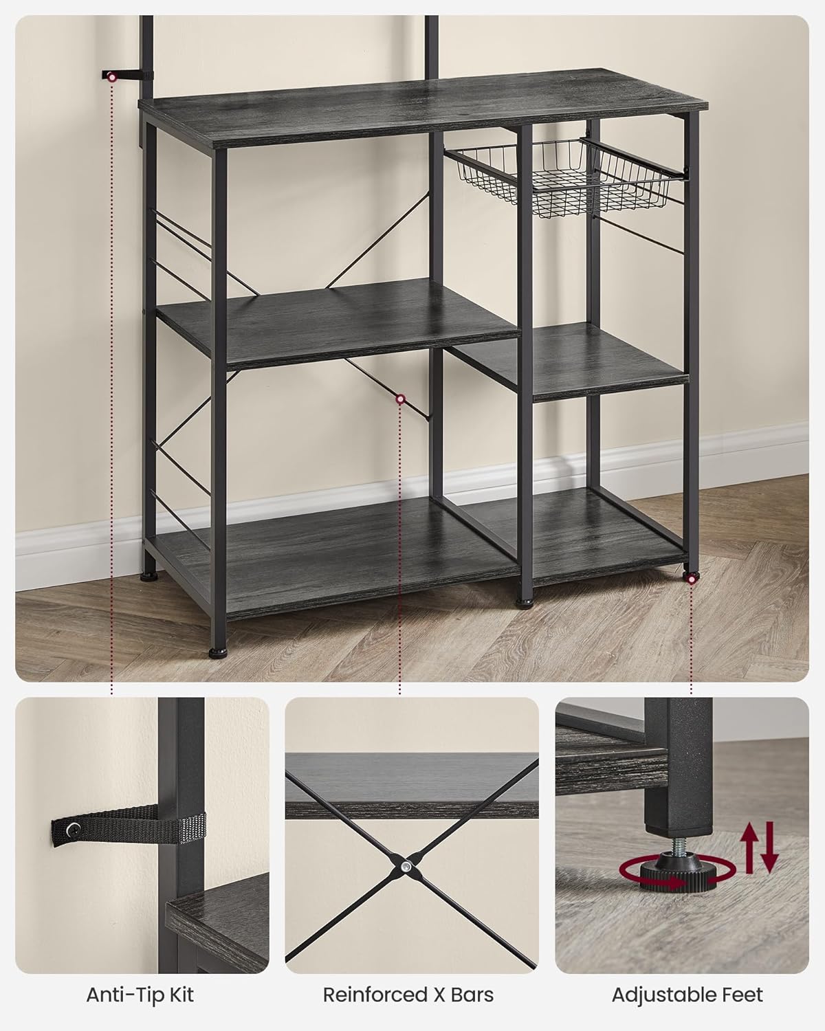 VASAGLE Baker's Rack, Microwave Stand, Kitchen Storage Rack with Wire Basket, 6 Hooks, and Shelves, for Spices, Pots, and Pans, Charcoal Gray and Ink Black UKKS035B04
