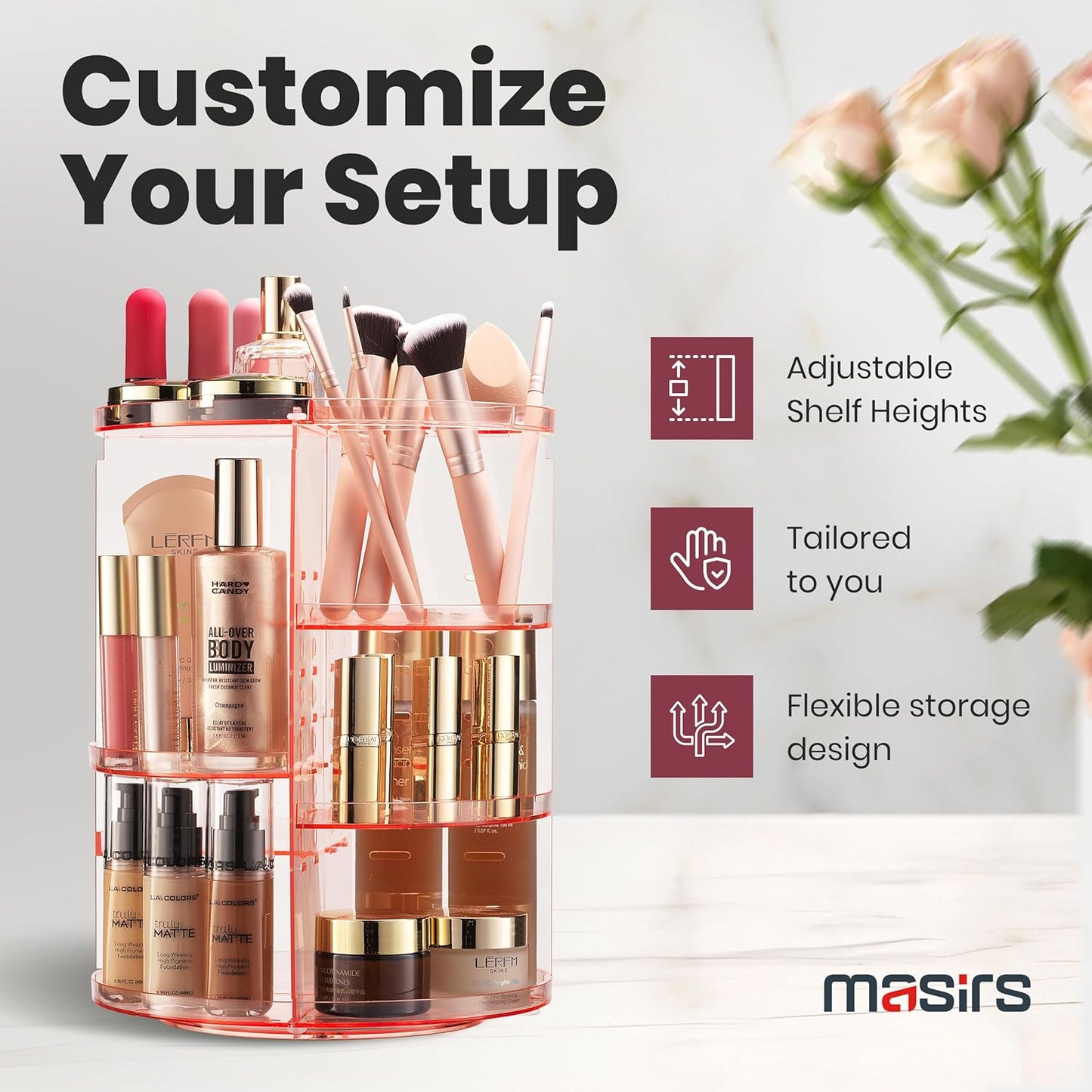Masirs 360 Rotating Makeup Organizer - Adjustable Shelf Height and Fully Rotatable - The Perfect Round Spinning Cosmetic Organizer for Bedroom Dresser or Vanity Countertop Storage (Pink)